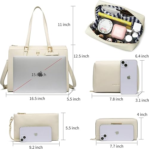 Miniatura 3 de Keyli Juego de 4 bolsas para laptop para mujer, maletín grande de cuero para laptop con puerto de carga USB, bolso de hombro para computadora