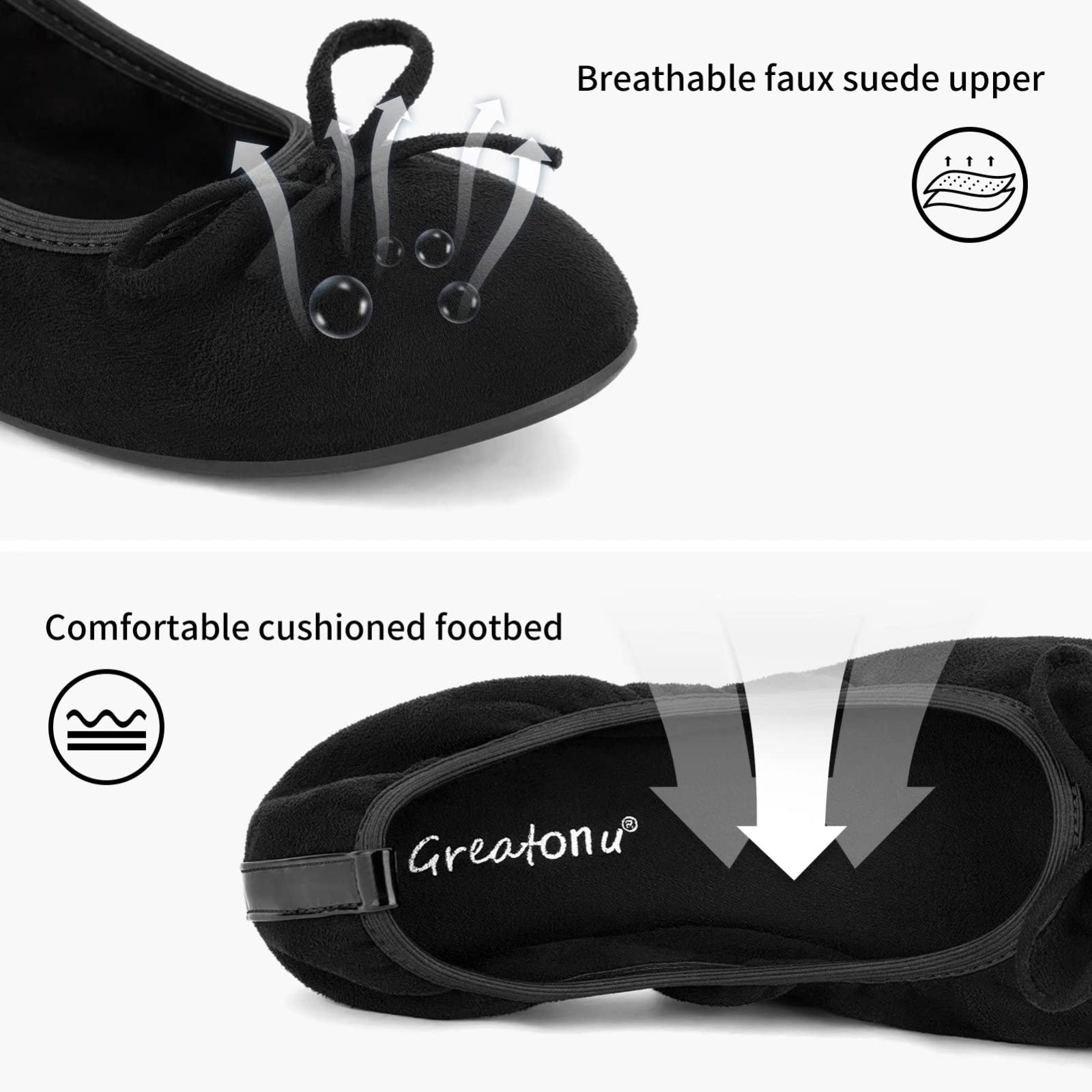 Greatonu Ballerines Femme Plates Ballerines Pliable Bout Fermé Chaussures Pointe Ronde avec Semelle Souple - Parfait pour Les Mariages et Les fêtes