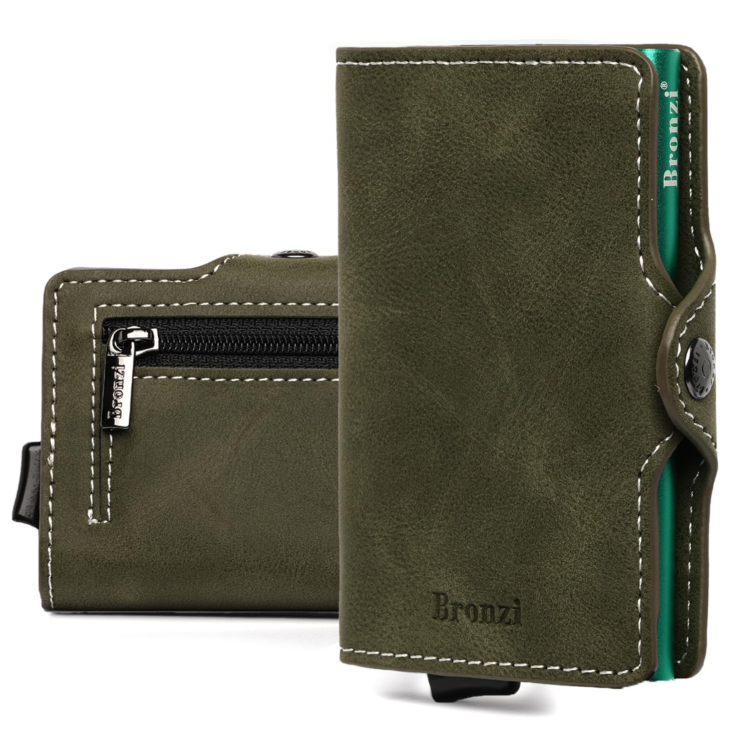Bronzi Portafoglio Porta Carte Credito - Portafoglio Uomo Donna Slim Portacarte - Mini Porta Tessere - Protezione RFID Portatessere - Design Smart Pelle Verde Oliva