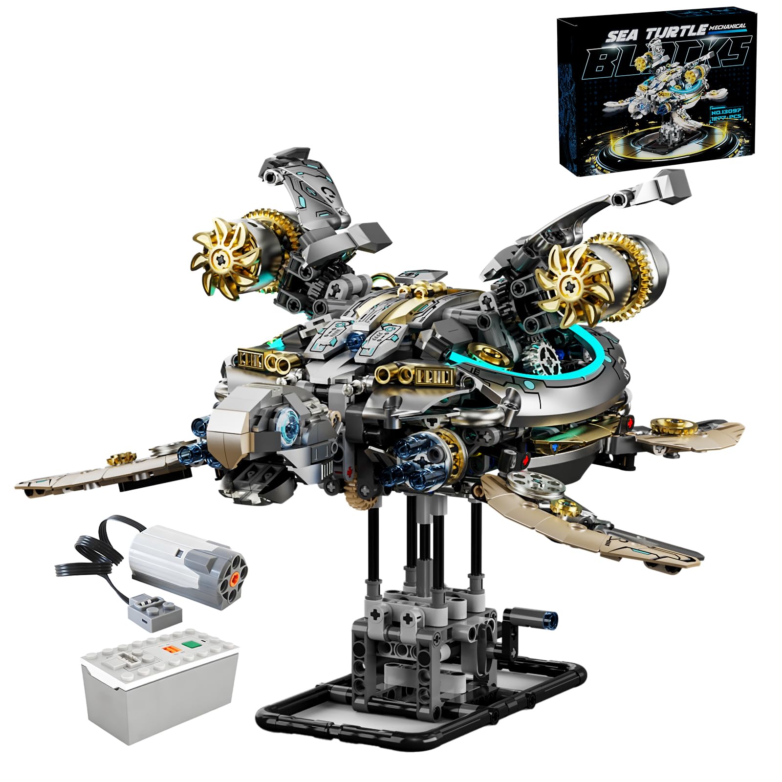 Myth Qholve Mechanical Turtle Building Block with Hand Crank & Motor Dual Drive Gear Motion Steampunk＆Educational Construction Set for Adults Teens