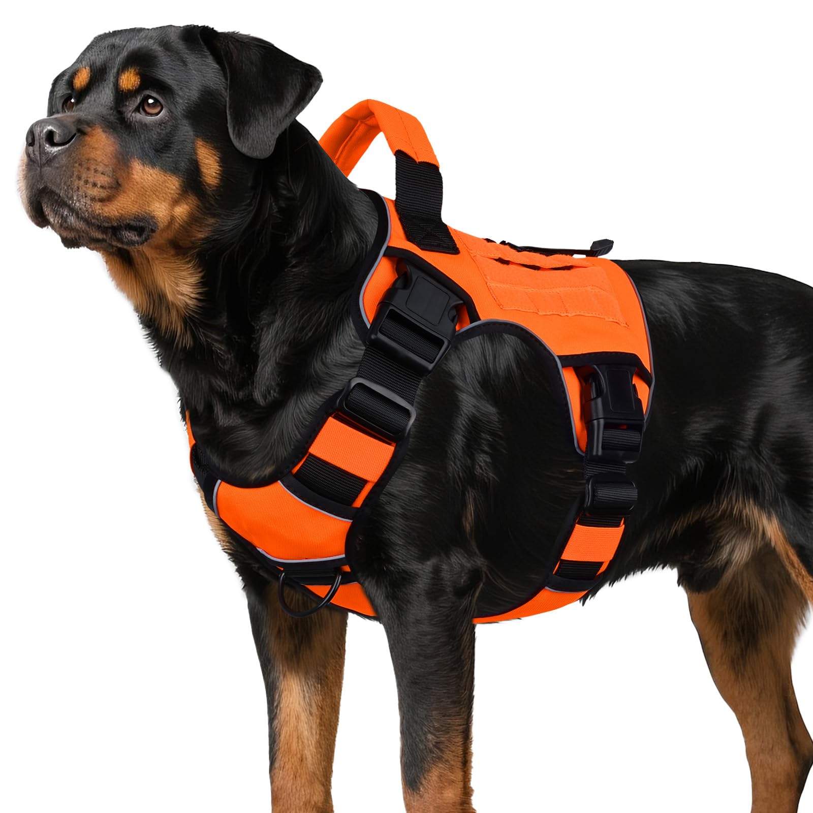 WINGOIN Arnés táctico naranja para perros pequeños, sin tirones, ajustable, reflectante, K9, arnés militar para perros con asa para caminar, senderismo, entrenamiento (XL)