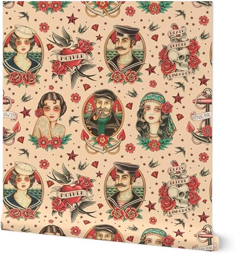 Spoonflower Papel tapiz autoadhesivo de 3 x 2 pies Tatuaje vintage de la vieja escuela, color beige, grande, clásicas, anclaje, marinero, fortuna,