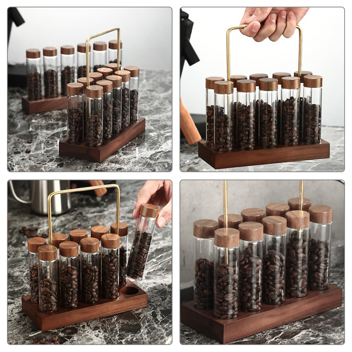 Glas Kaffeebohnenhalter mit Holzständer 10 Loch Sockel Aromadicht für Kaffeeutensilien und Küchenaufbewahrung