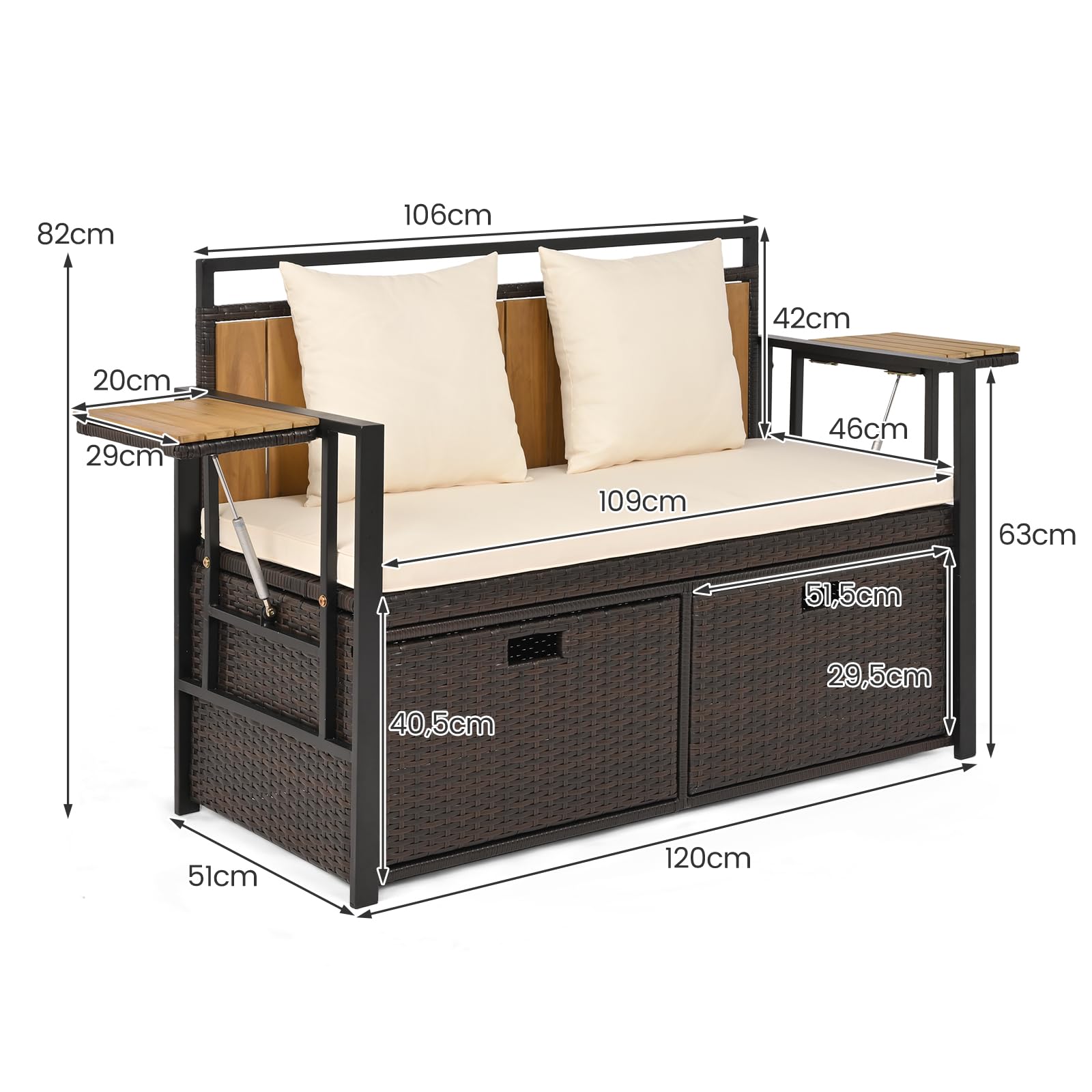 SOARS Banco Arcón Exterior para 2 Personas, Banco Jardín de Ratán con Compartimento de 142,5L, 2 Mesitas Plegables, Cojín y 2 Almohadas, Cofre de Almacenamiento para Patio, Terraza (Blanco)