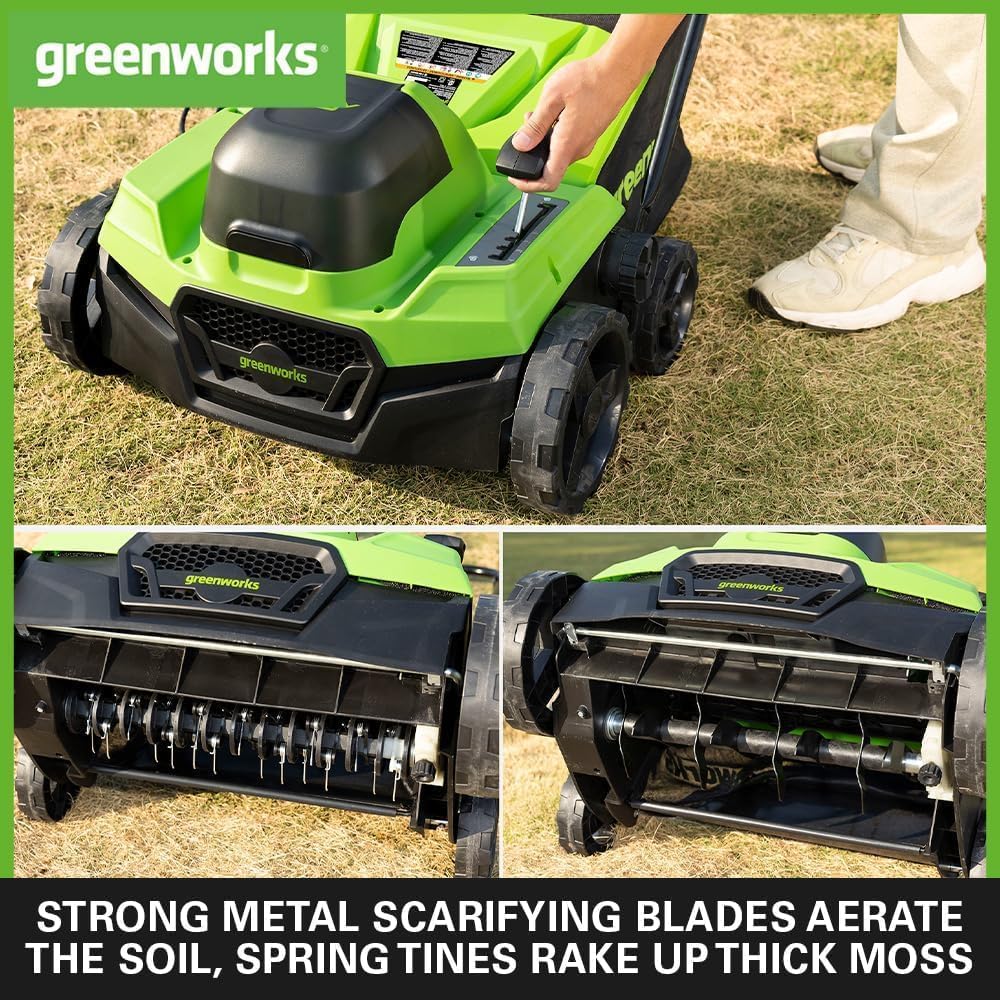 Greenworks 40V Râteau Scarificateur Aérateur Gazon sans Fil Moteur sans Balai, 3100 TR/Min, Largeur Travail 38 cm, 5 Profondeurs, Bac Ramassage 45L,5Ah Batterie ni Chargeur, Garantie 3 Ans