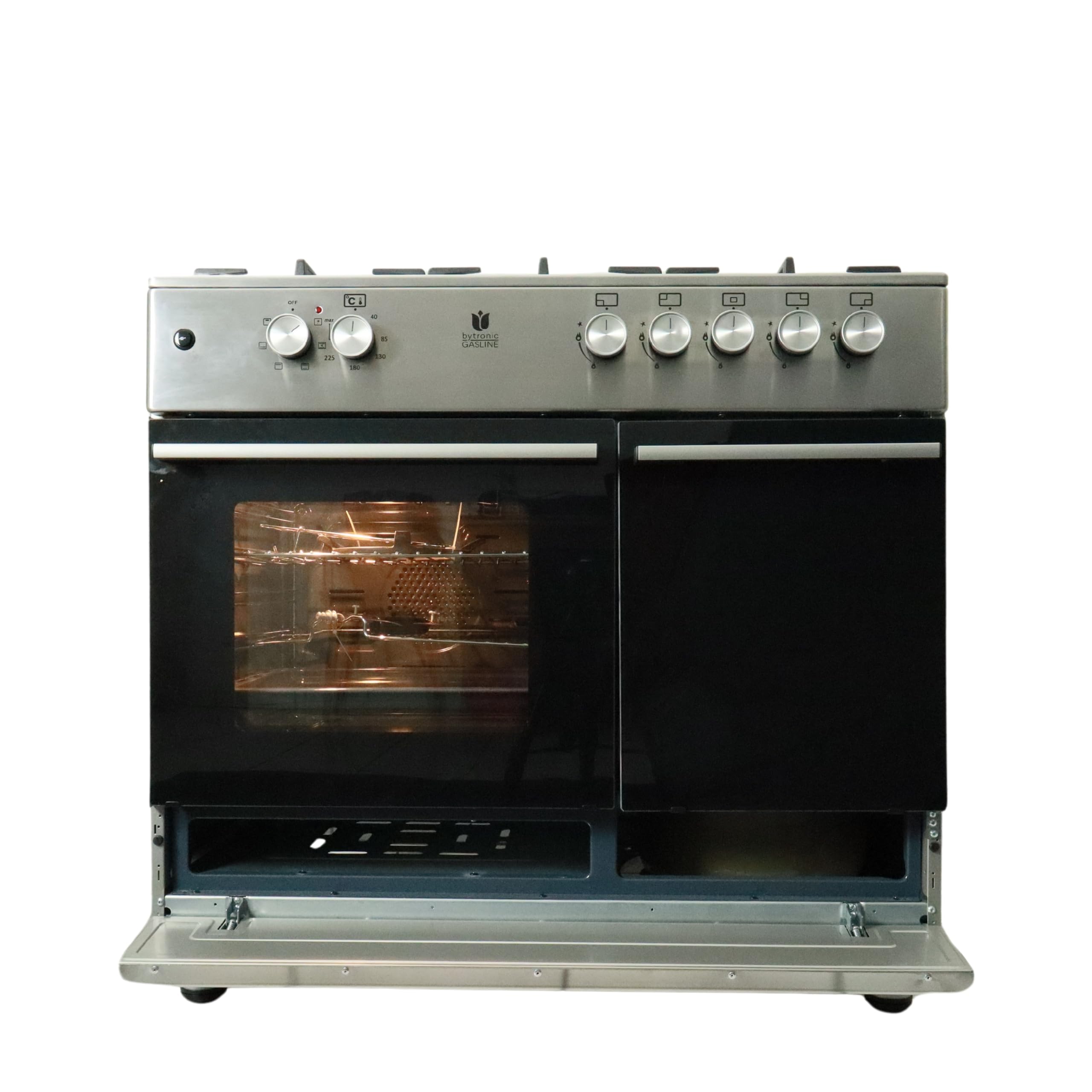 Gasline Gas Standherd mit Elektrobackofen und Flaschenschrank 90cm GAG90GOXFLE Edelstahl, Propan Regler 50Mbar + Gasschlauch