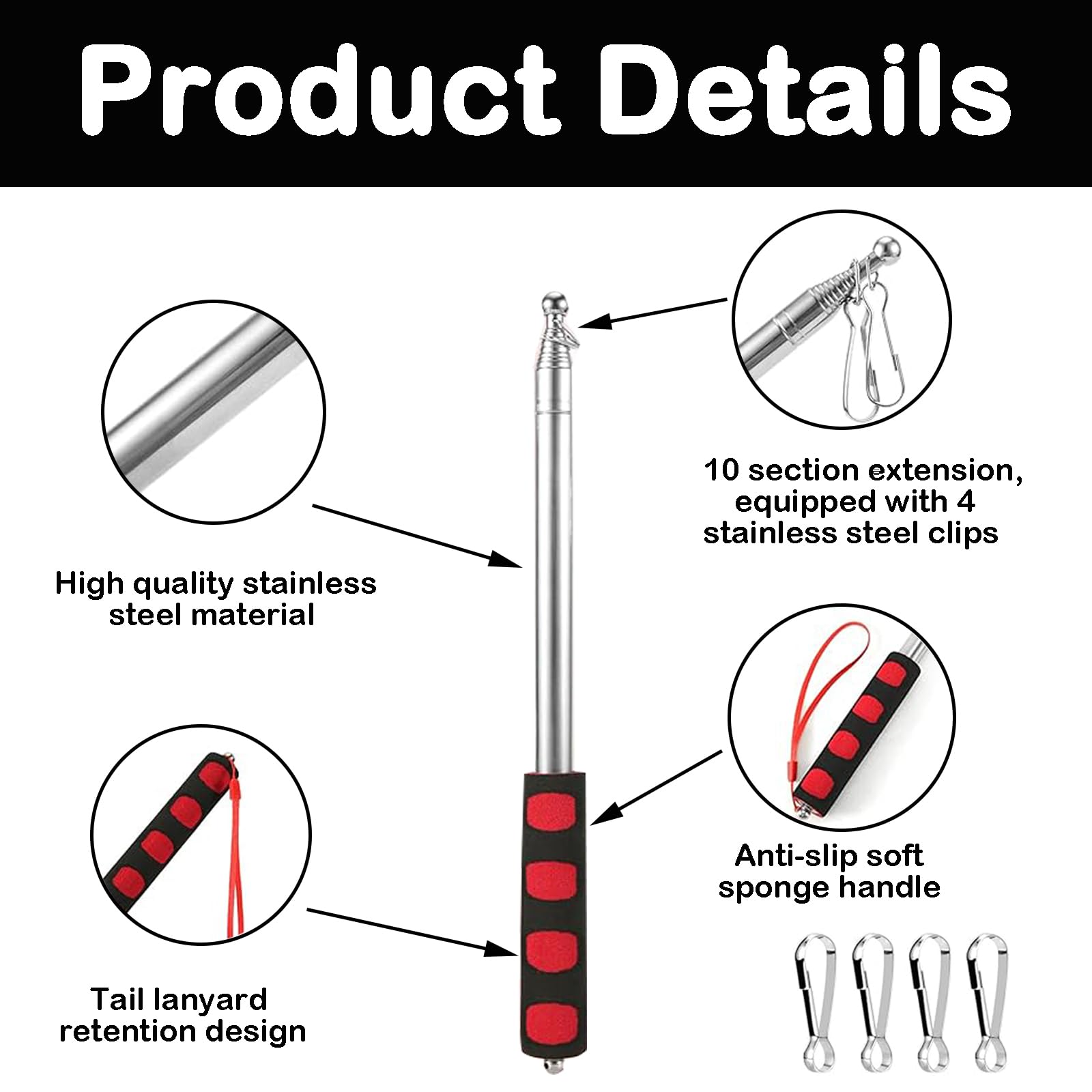 WNXBFO 2.5M Telescopic Flag Pole, Handheld Flagpole With 4 Clips, Festival Flag Pole, Telescopic Pole - Image 3