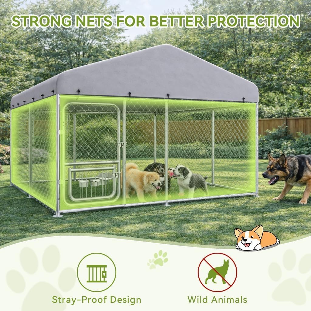 COMHOMA 10×10FT Outdoor Dog Kennel with Adjustable Bowls Feeder Heavy Duty Extra-Large Dog Enclosure with Roof & Lock All Weather Resistant for Medium Large Dogs
