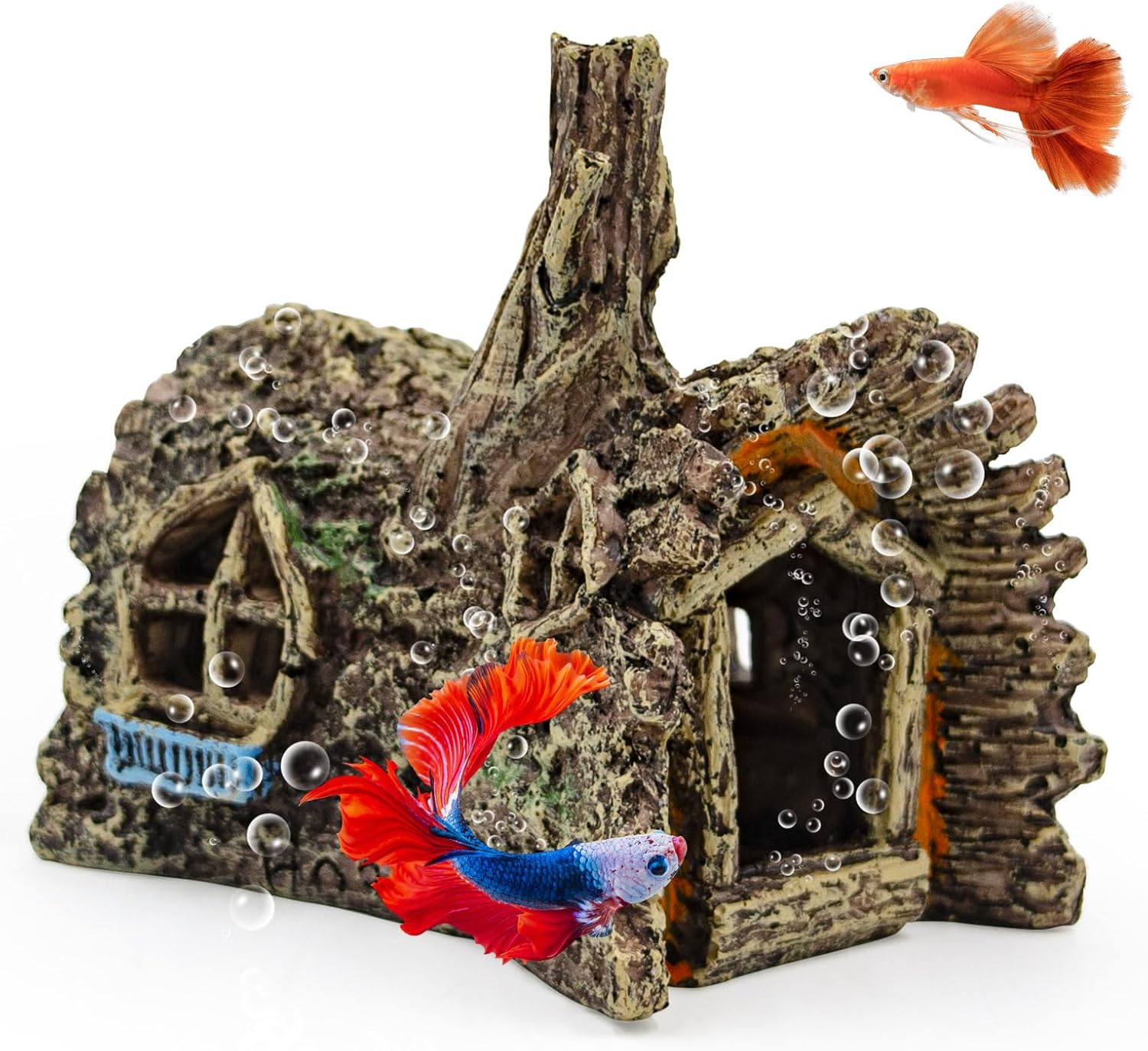 Fish Tank Decorations, Resin Simulated Tree House Hide, Aquarium Caves and Hides for Fish, Tank Accessories Decorations, Aquarium Ornaments Hideout