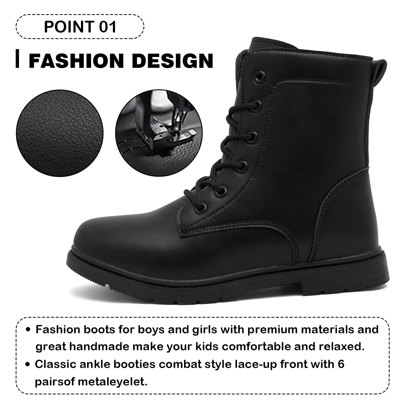 Bottines pour garçons et filles - Imperméables - Fermeture éclair latérale - Lacets - Noir - Bottes d'école en cuir - Bottines de marche montantes