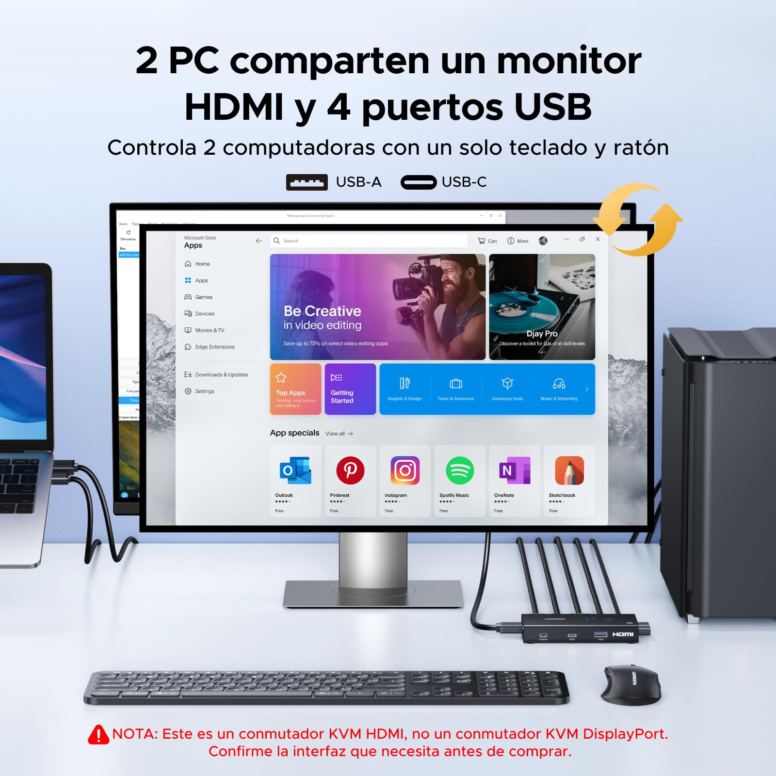UGREEN Switch KVM HDMI 2.0 2 Entradas 1 Salidas 4K 60 Hz Conmutador KVM para 2 pc con 4 puertos USB 3.0 5Gbps para Teclado Ratón Disco Duro Controlador de Escritorio compatible con Windows Linux macOS