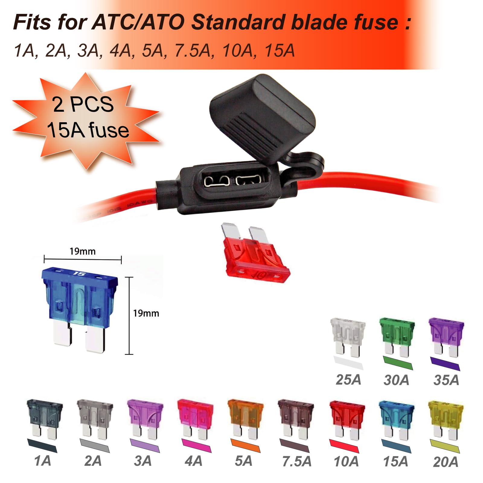 Kit portafusibili di ricambio automatico: 2 portafusibili impermeabili da 14 AWG con 2 fusibili standard da 15 A per auto/automatico/bar/camper/ATC/Home applice ecc.