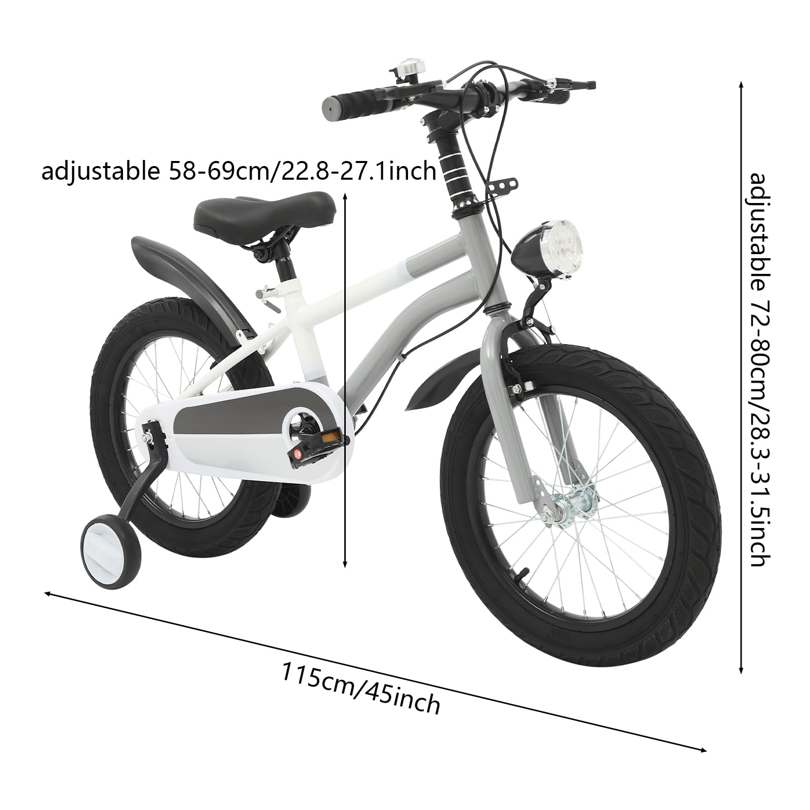 Bicicletta per bambini da 16 pollici, bicicletta per bambini dai 4 ai 6 anni, manubrio e sedile regolabili in altezza, con ruote di supporto, luce a LED per principianti per ragazzi e ragazze
