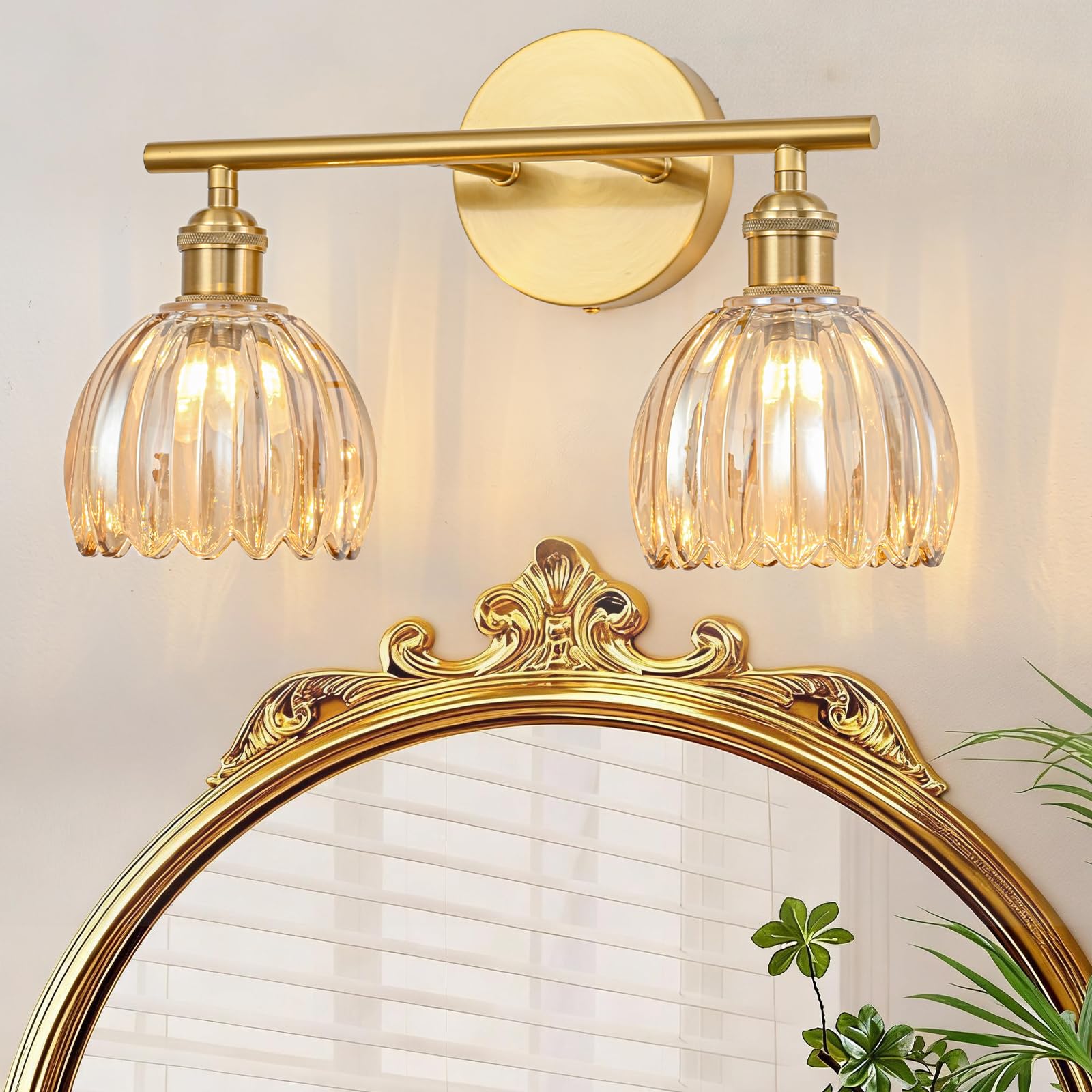Gold Bathroom Light Fixtures Over Mirror, 2 Light Bathroom Vanity Light with Tulip Amber Glass Lampshade, Vintage Vanity Lights for Bathroom, Bathroom Vanity Lights Over Mirror