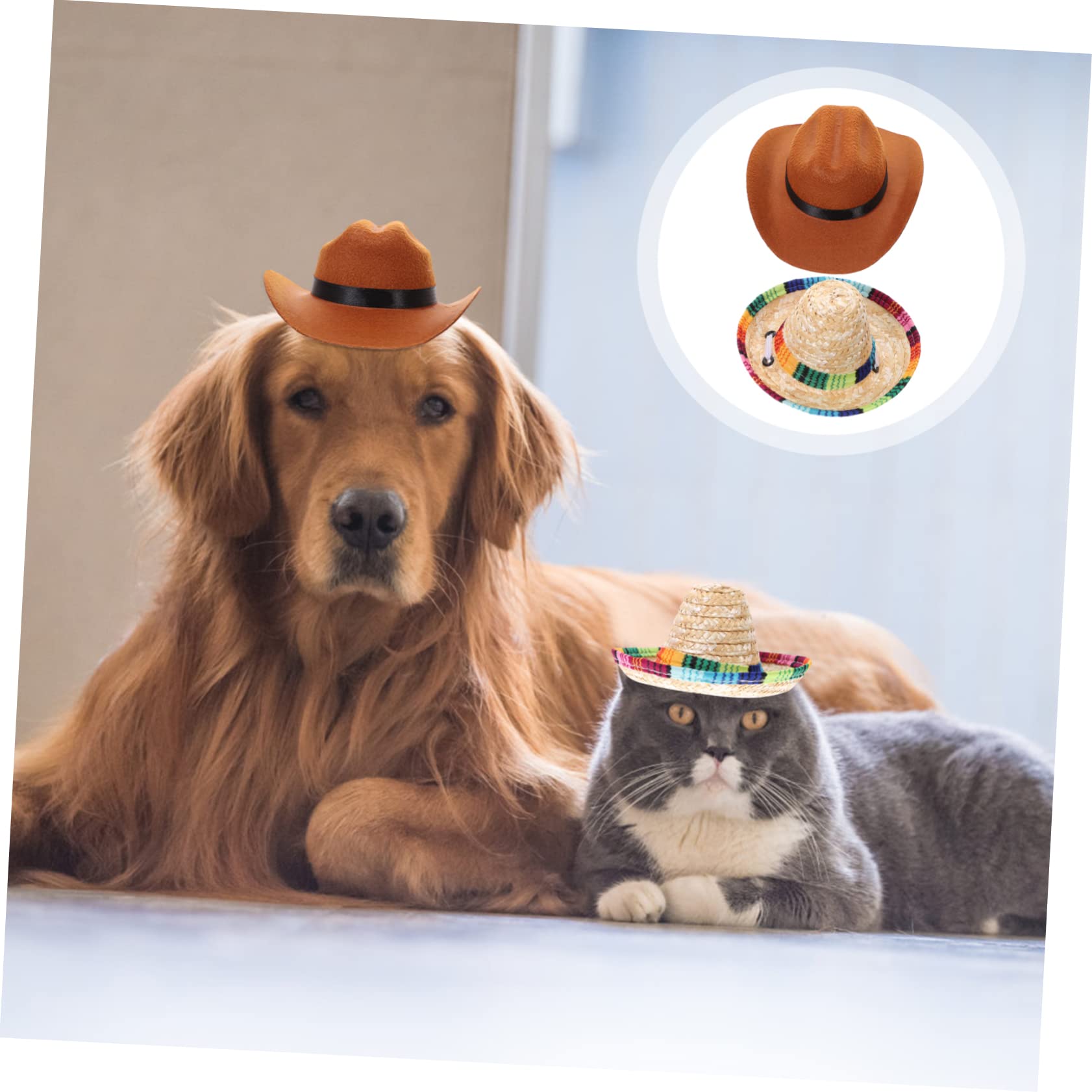 Generic 2Pcs Decorative Dog Hat Woven Straw Cowboy and Sun Hat for Pets Stylish Photo Props for Dogs and Cats Comfortable and Safe Pet Supplies