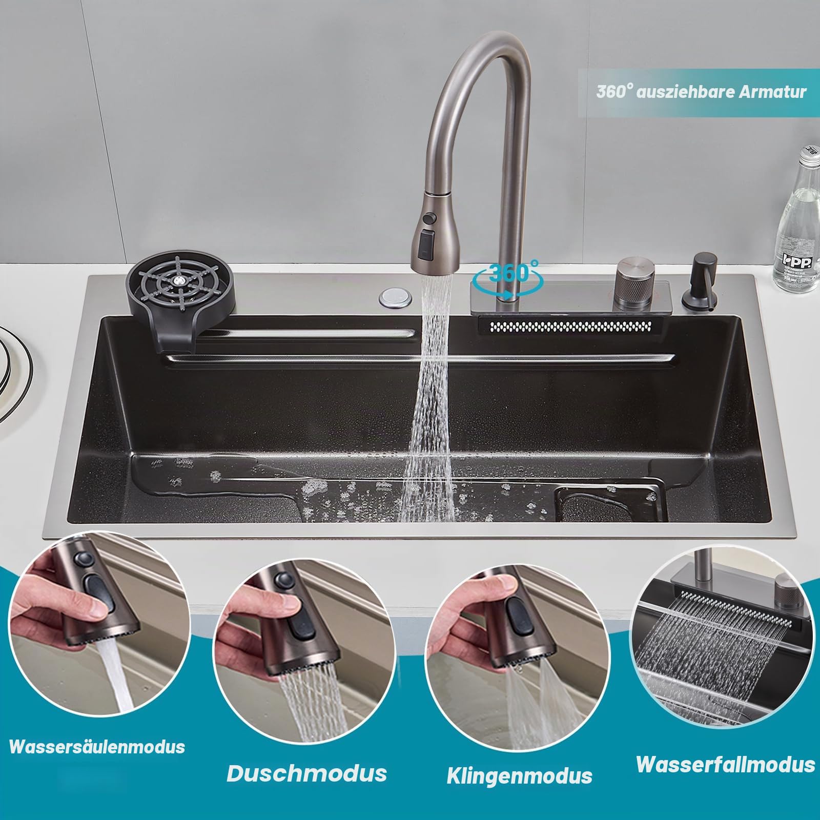 Wasserfall Küchenspüle, T304 Edelstahlspüle, 81x50cm multifunktionale Küchenspüle, Einbauspüle, spülbecken mit multifunktionalem Wasserhahn und verschiedenen Zubehörteilen (81X50CM)