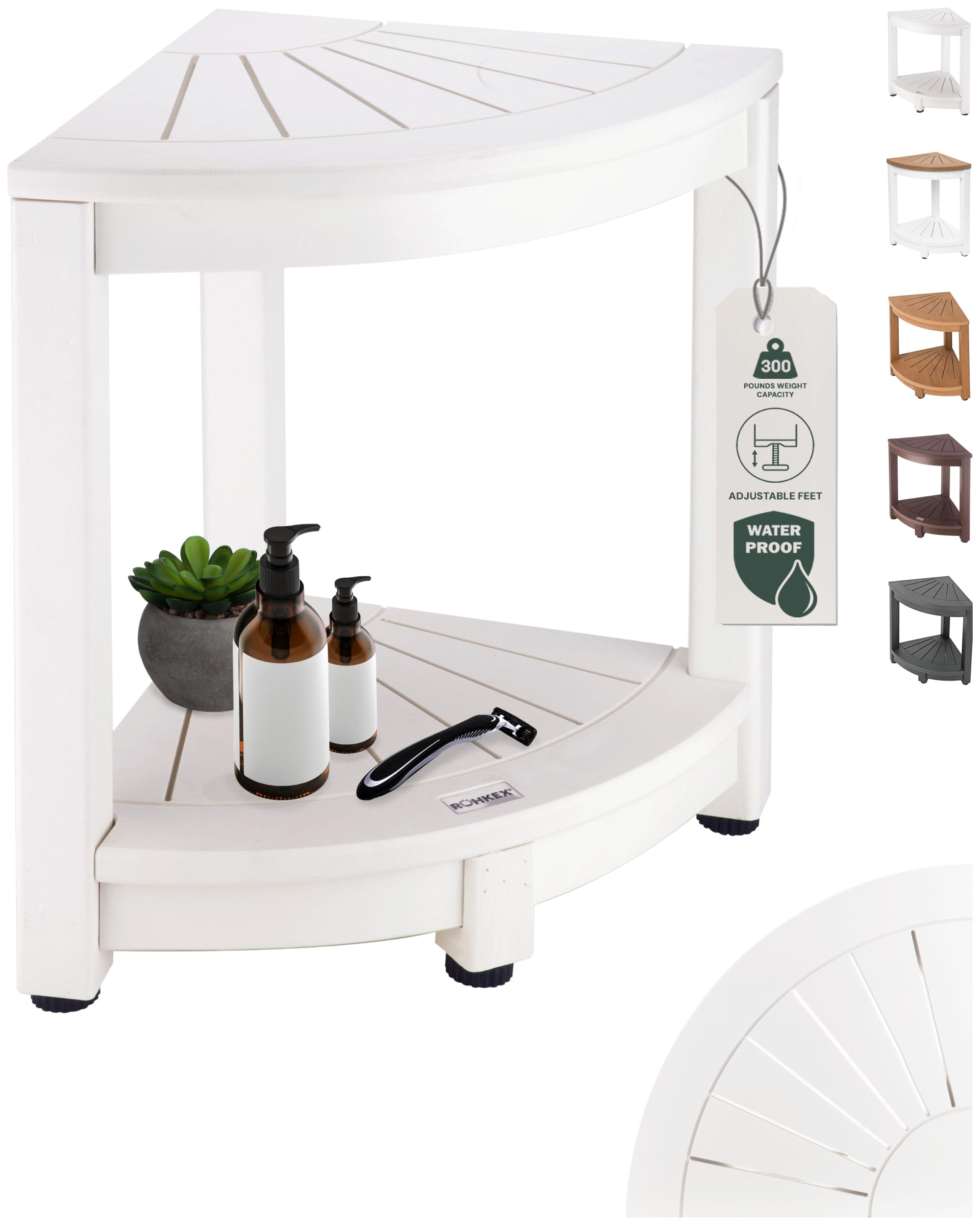 ROHKEX Waterproof Corner Shower Stool - White Waterproof Shower Bench for Shaving Legs & to Sit On - Easily Assembled Corner Bench & Shelf - Restroom Organizer - Restroom Decor