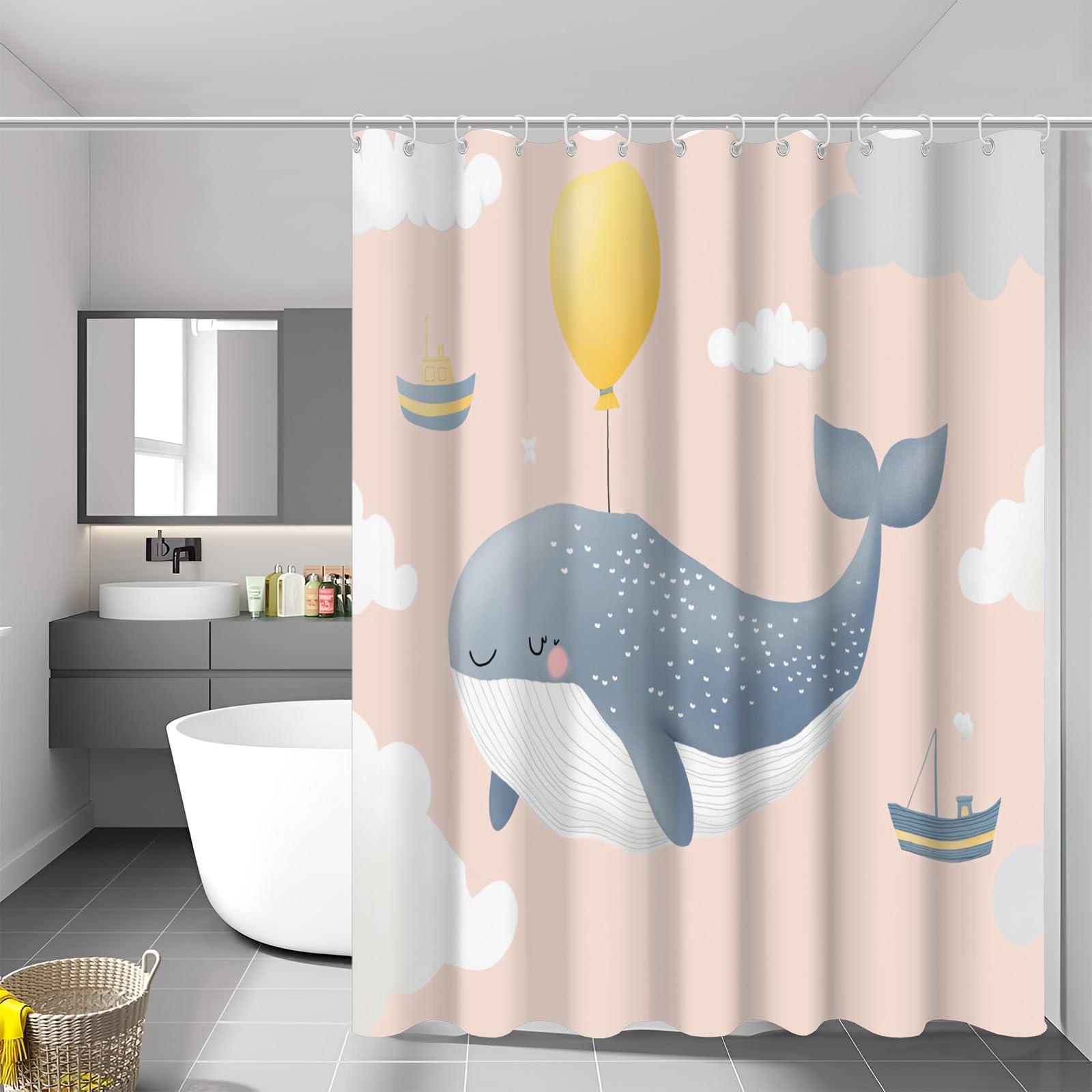 Rideau de douche baleine 180x180 cm en tissu imperméable et lavable pour salle de bain