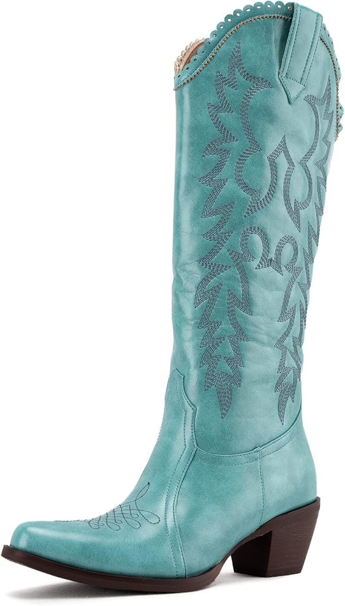 Amazon.com | GORBINETI Women Cowboy Boots Mid Calf Cowgirl Western Boots Embroidered Suede Pull On Almond Toe Chunky Heel Turquoise 9 | Mid-Calf