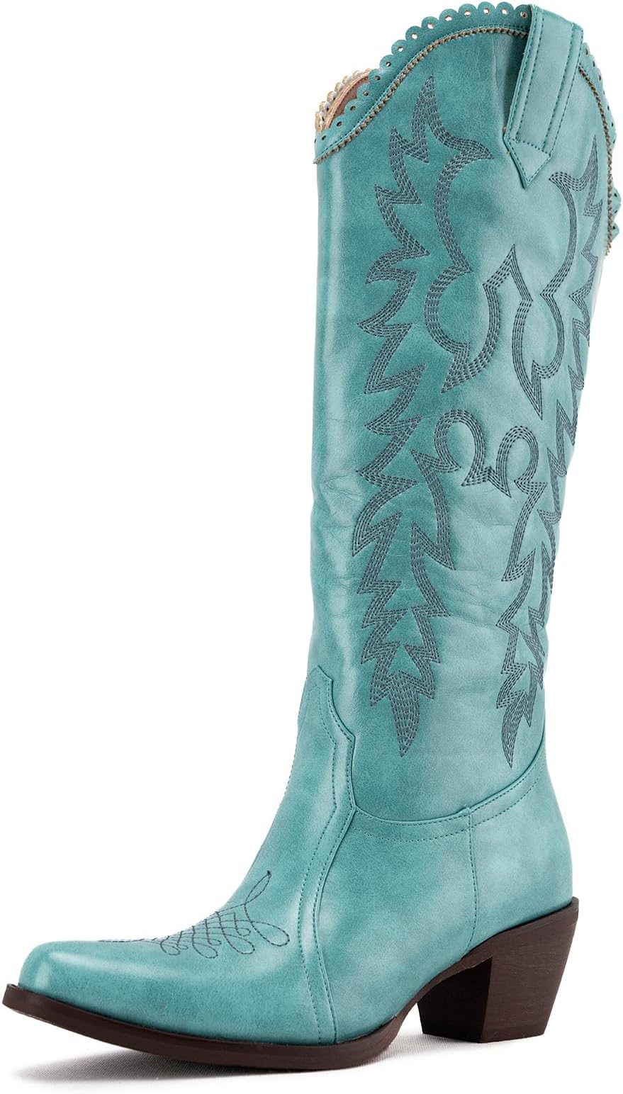 Women Cowboy Boots Mid Calf Cowgirl Western Boots Embroidered Suede Pull On Almond Toe Chunky Heel