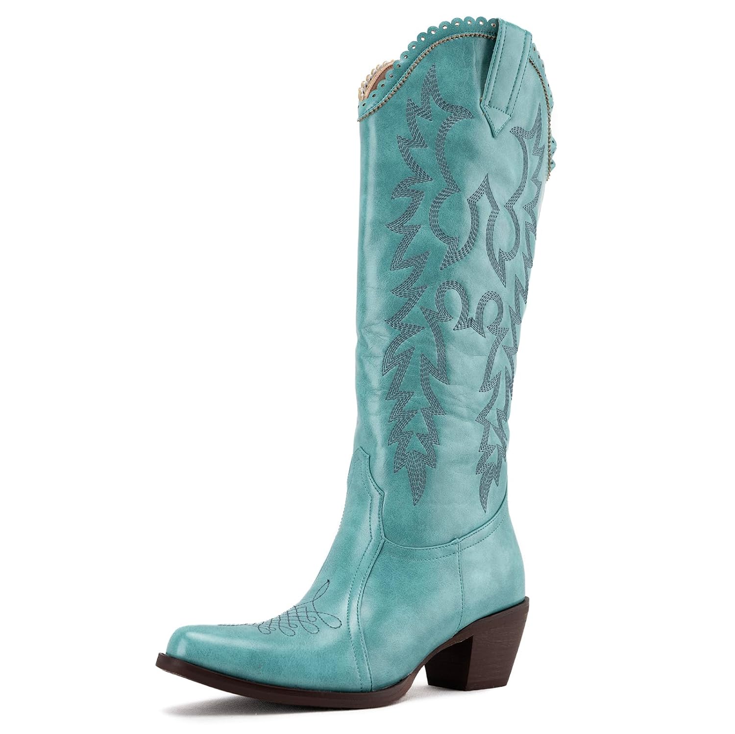 GORBINETI Women Cowboy Boots Mid Calf Cowgirl Western Boots Embroidered Suede Pull On Almond Toe Chunky Heel Turquoise