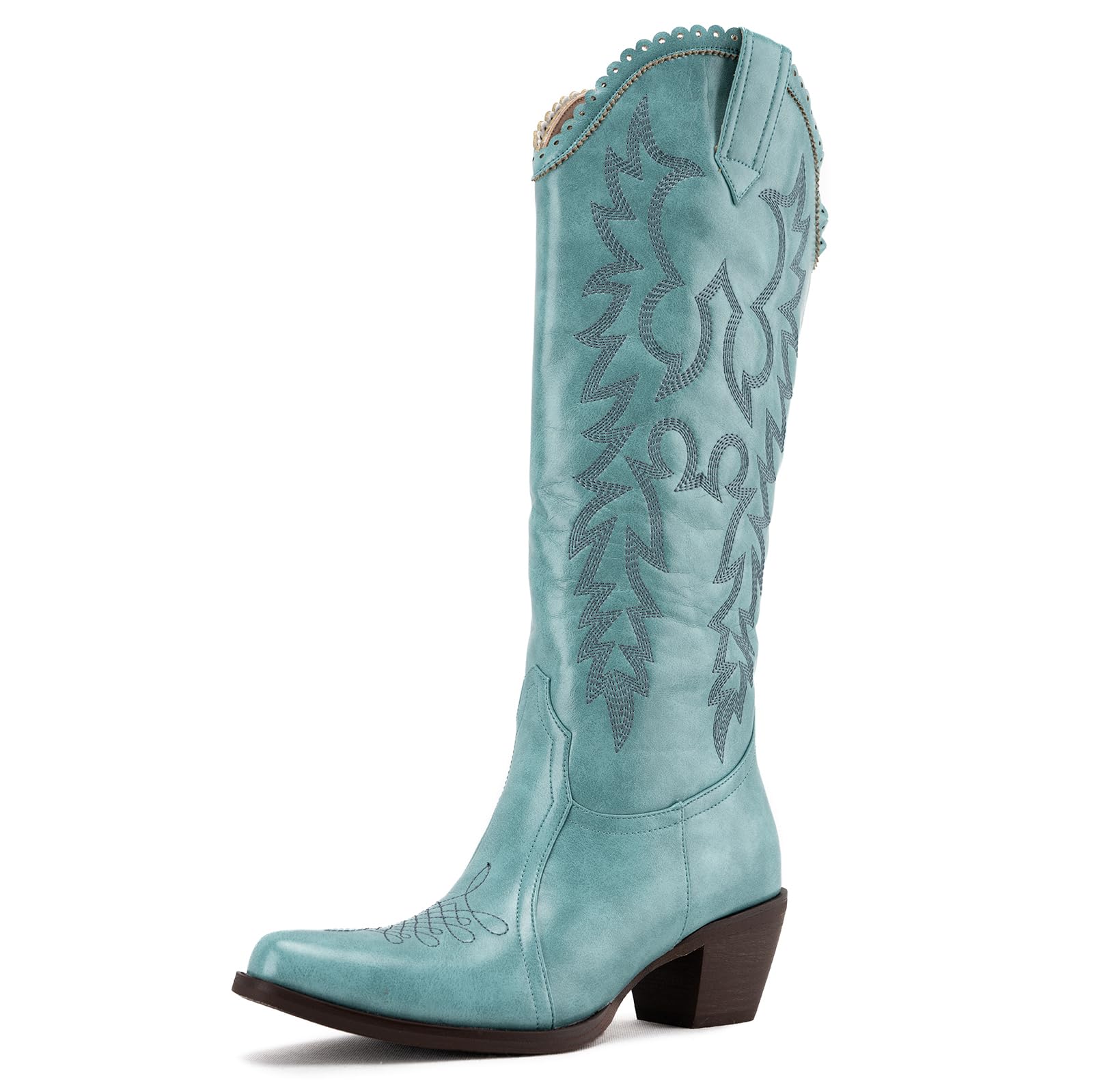 Women Cowboy Boots Mid Calf Cowgirl Western Boots Embroidered Suede Pull On Almond Toe Chunky Heel