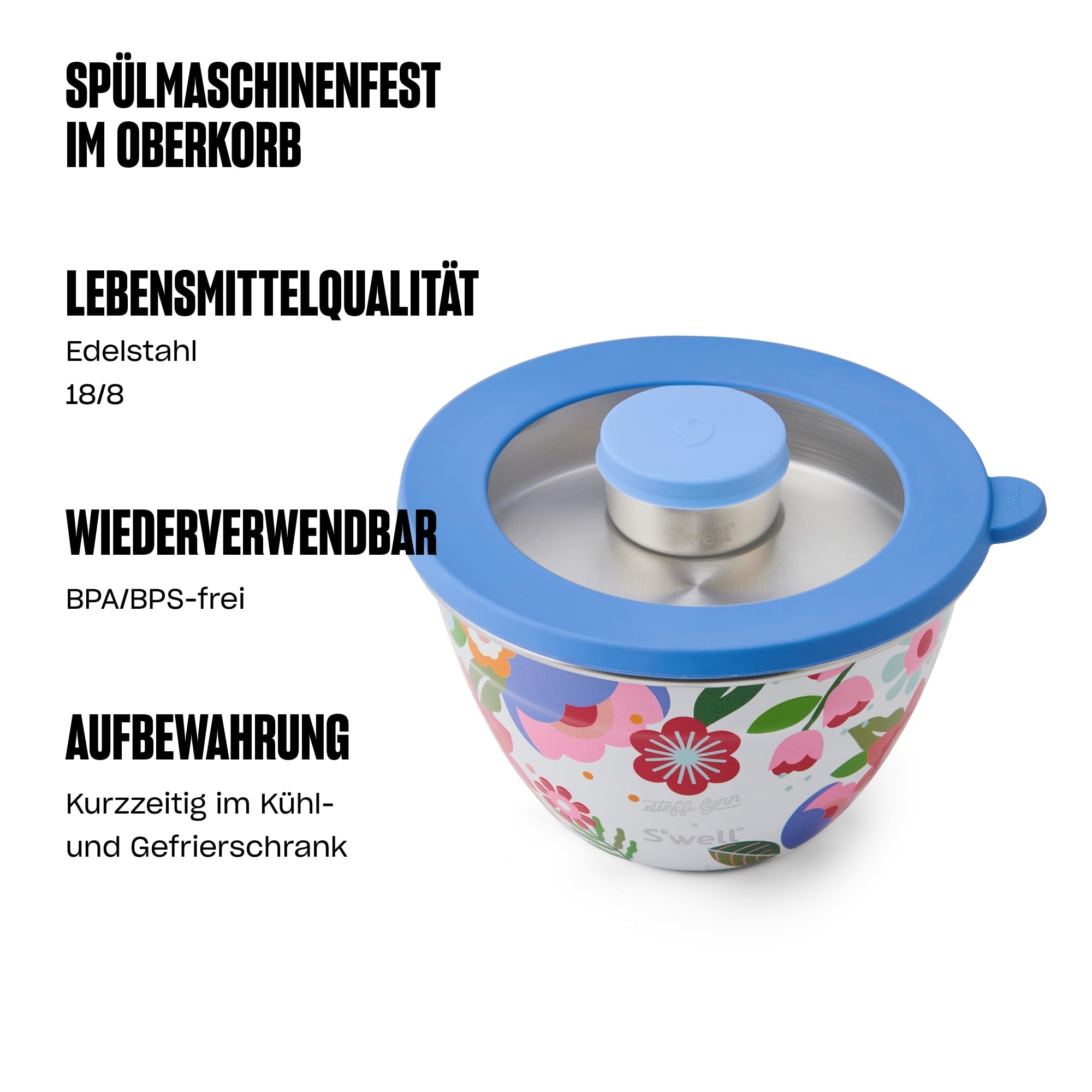 S'well x Steffi Lynn Salatschüssel-Set aus Edelstahl, 1,9 l, Kunstdesign, mit 60 ml Gewürzbehälter und abnehmbarer Schale zur Organisation, auslaufsicher, leicht zu reinigen, spülmaschinenfest