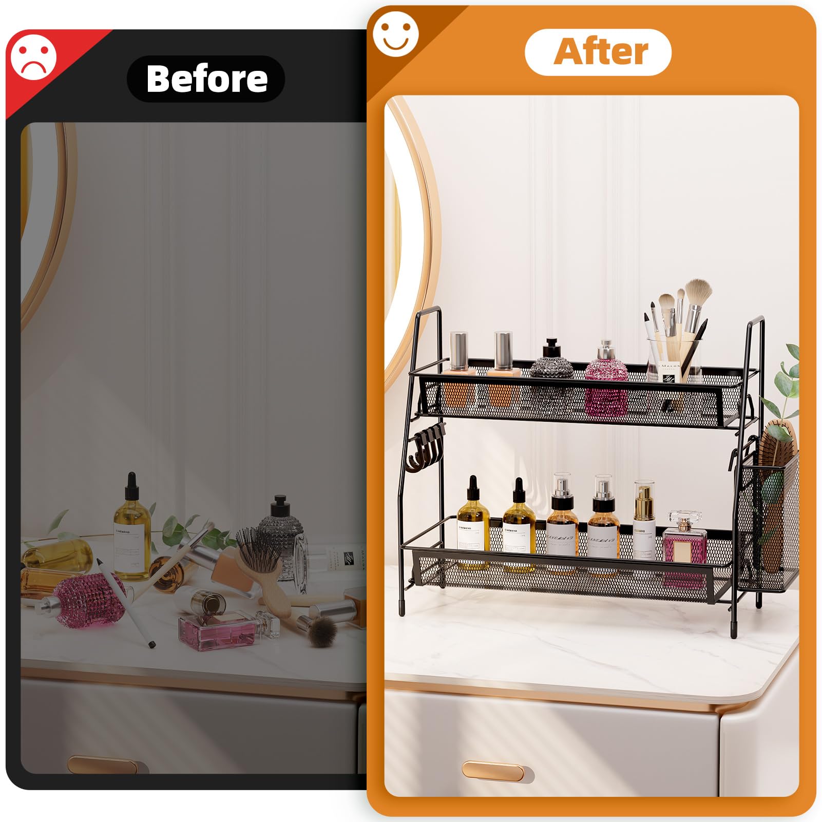 Organizador de baño de 2 niveles, organizador de encimera de baño de malla de alambre de metal con ganchos de cesta, estante de bandeja de tocador, estante de especias de cocina, negro 4