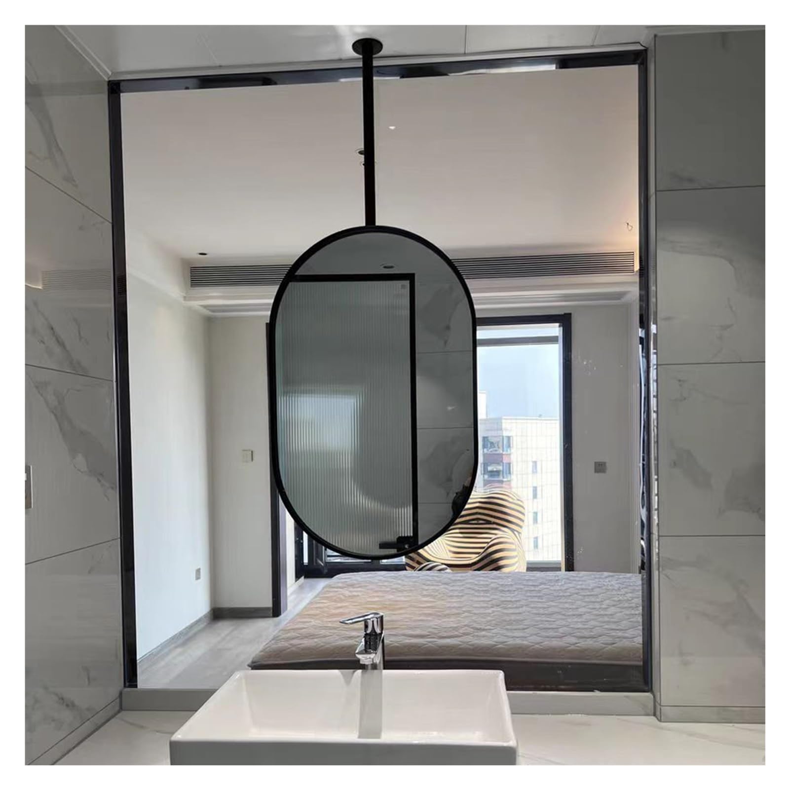GLJTUO Ceiling Hanging Floating Mirror With Metal Frame For Bathroom Restroom Makeup Shaving Rod,Black-80L x 40W cm