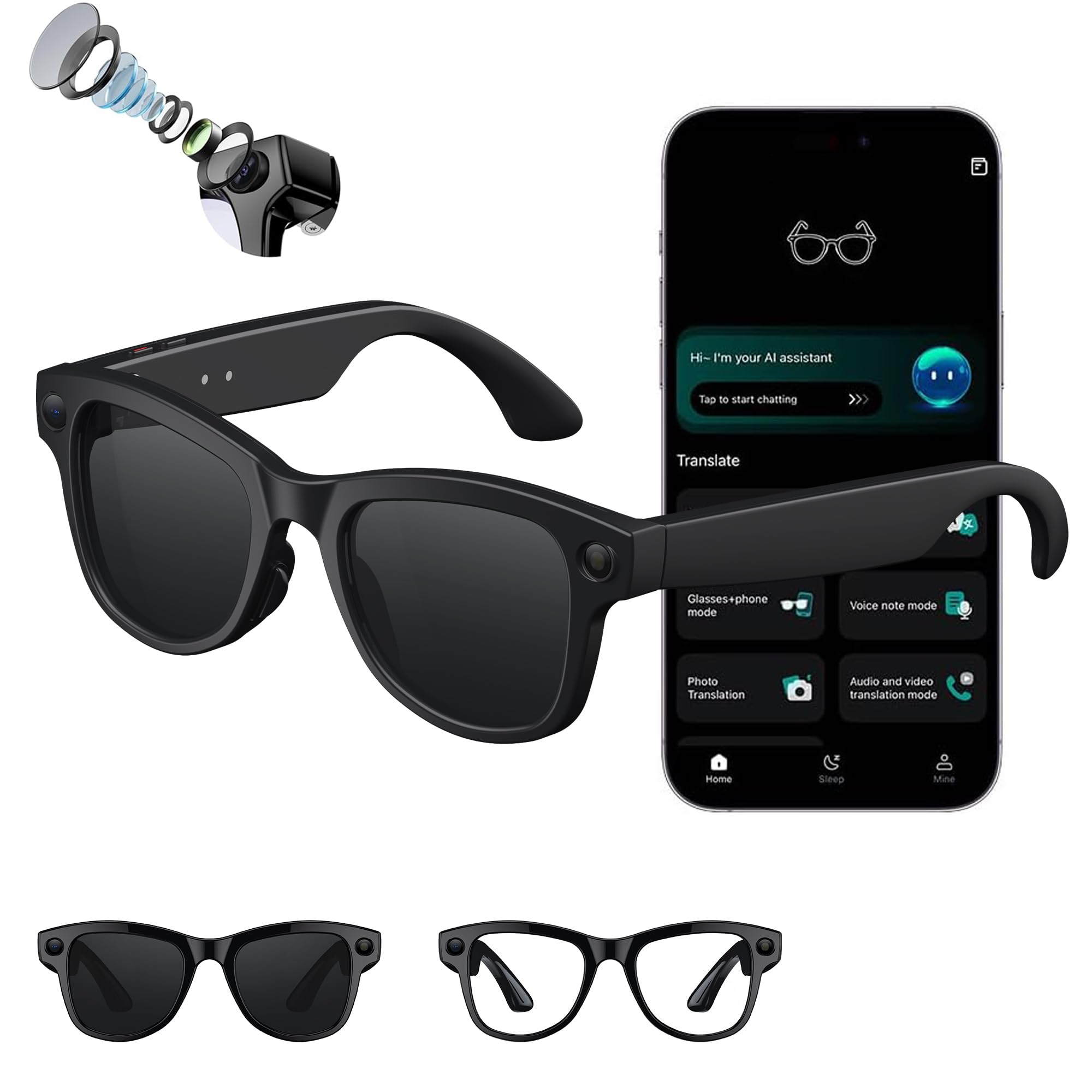 AI Smart Glasses 4K HD Camera BT Call 800W Anti-Shake Camera Glasses with Video Recording Dual Mic Simultaneous
