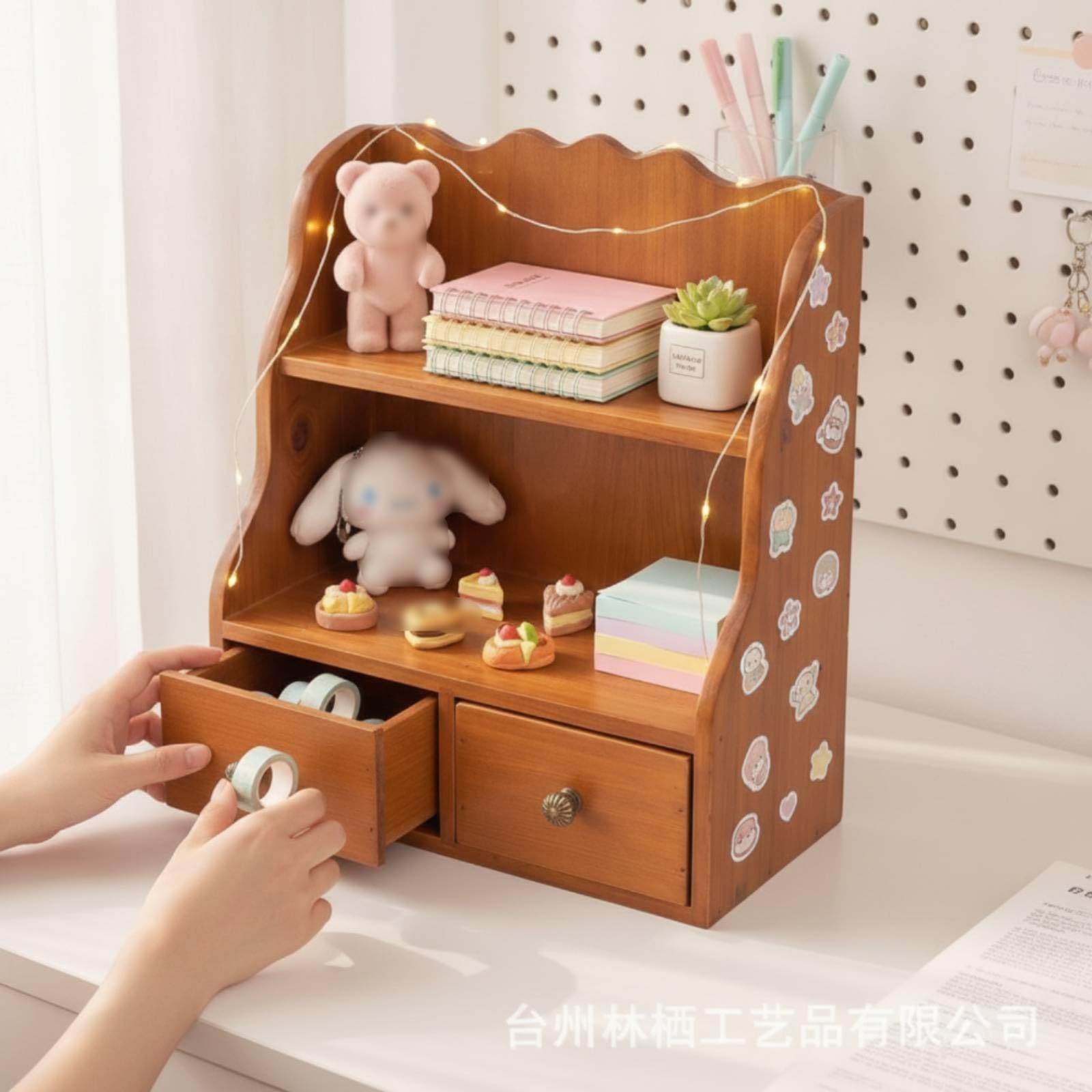 Organizzatore da Scrivania in Legno Scaffale Organizer Cassetti Portaoggetti Portadocumenti in Legno Massello con Due Ripiani E Due Cassetti Compatto Adatto per Ufficio Studio Dormitorio