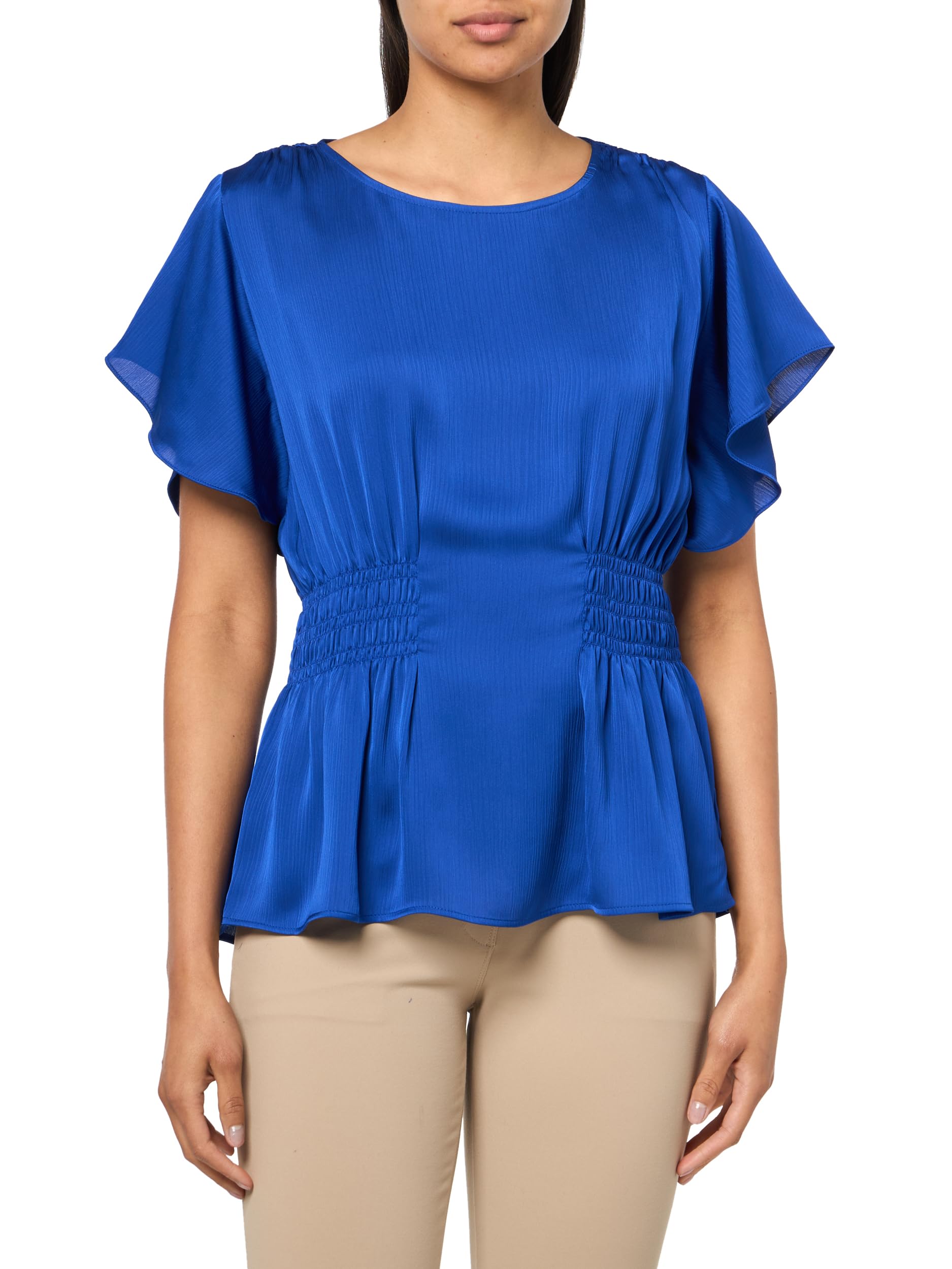 Anne Klein Women's Smocked Waist Flutter SLV Blouse, Santorini Blue, M