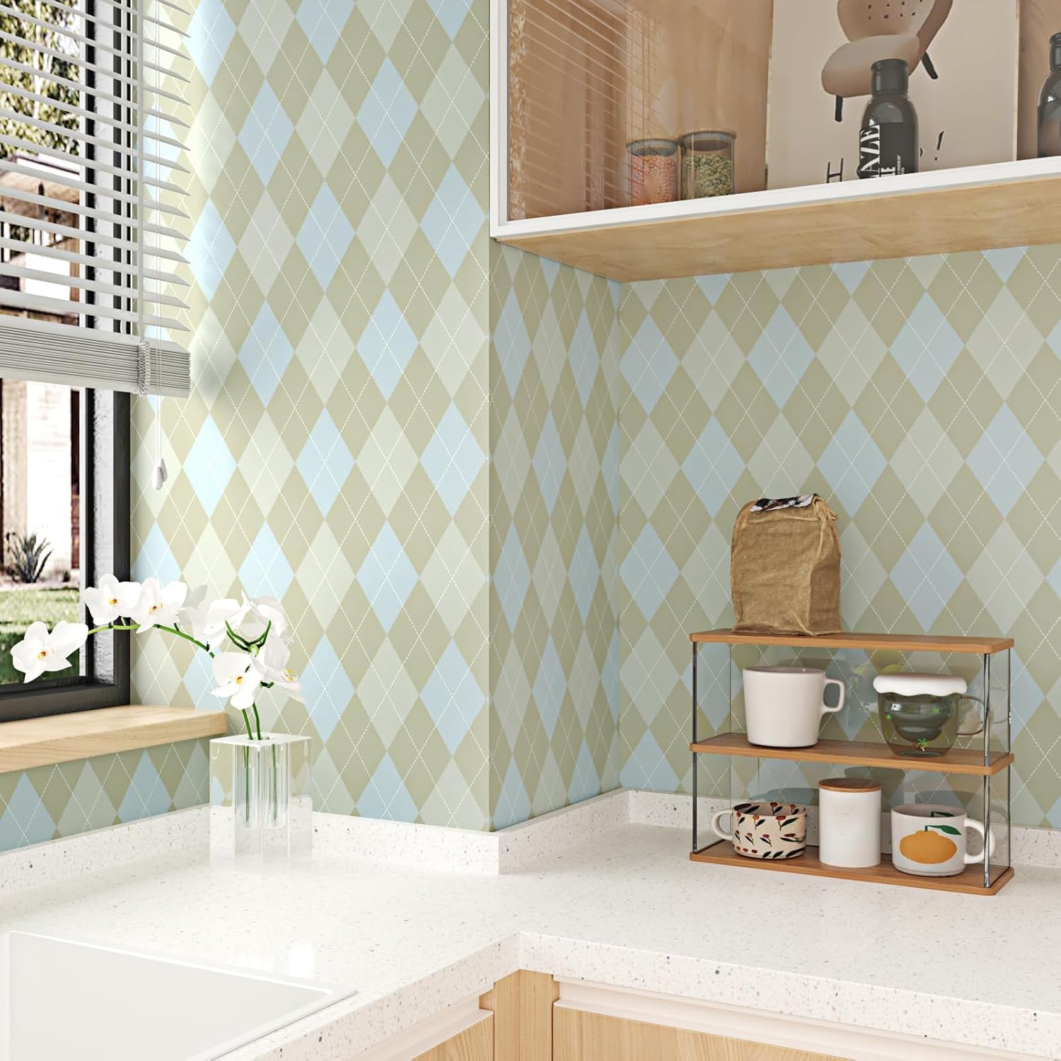 Blue and Brown Checkered Wallpaper Removable Argyle Plaid Wallpaper Peel and Stick Vintage Geometric Contact Paper for Kitchen Backsplash Bedroom Bathroom Cabinets Accent Walls 17.5"x102"