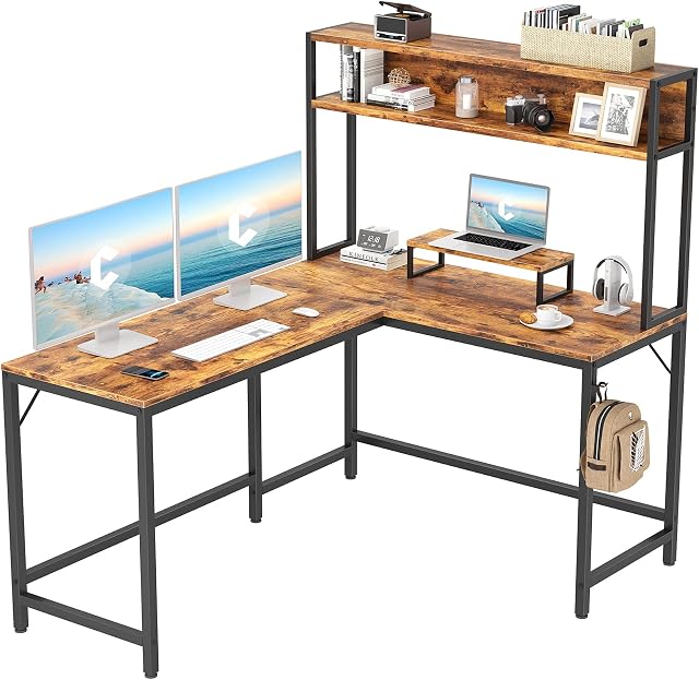 CubiCubi L-Shaped Desk with Hutch,150 cm Corner Computer Desk,Home Office Gaming Table Workstation with Storage Bookshelf,Rustic Brown