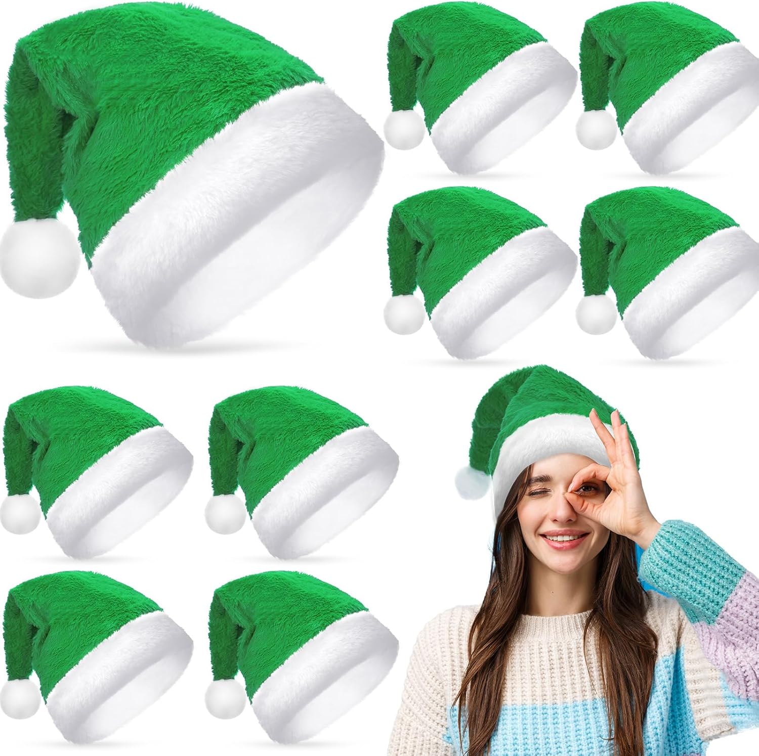 Suhine 10 Pcs Santa Hat Christmas Plush Hat Large Traditional Holiday Claus Cap with Comfort Liner for Adults Xmas