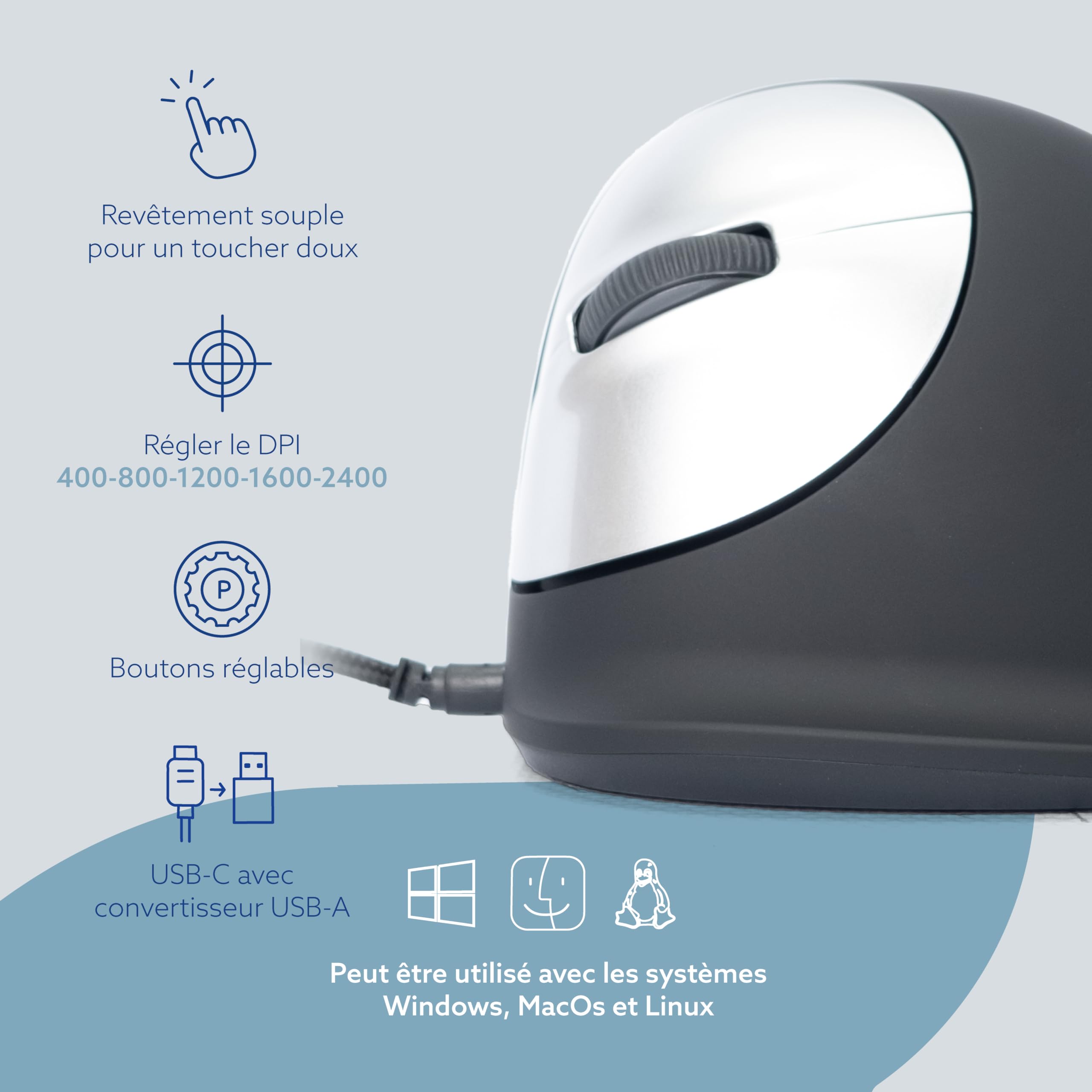 R-Go HE Souris Ergonomique Filaire, pour gaucher, Grande Taille, avec Le Logiciel Anti-TMS, Prévention tendinite, Souris Verticale, pour Windows/MacOS/Linux, 2400 DPI réglable et 5 Boutons