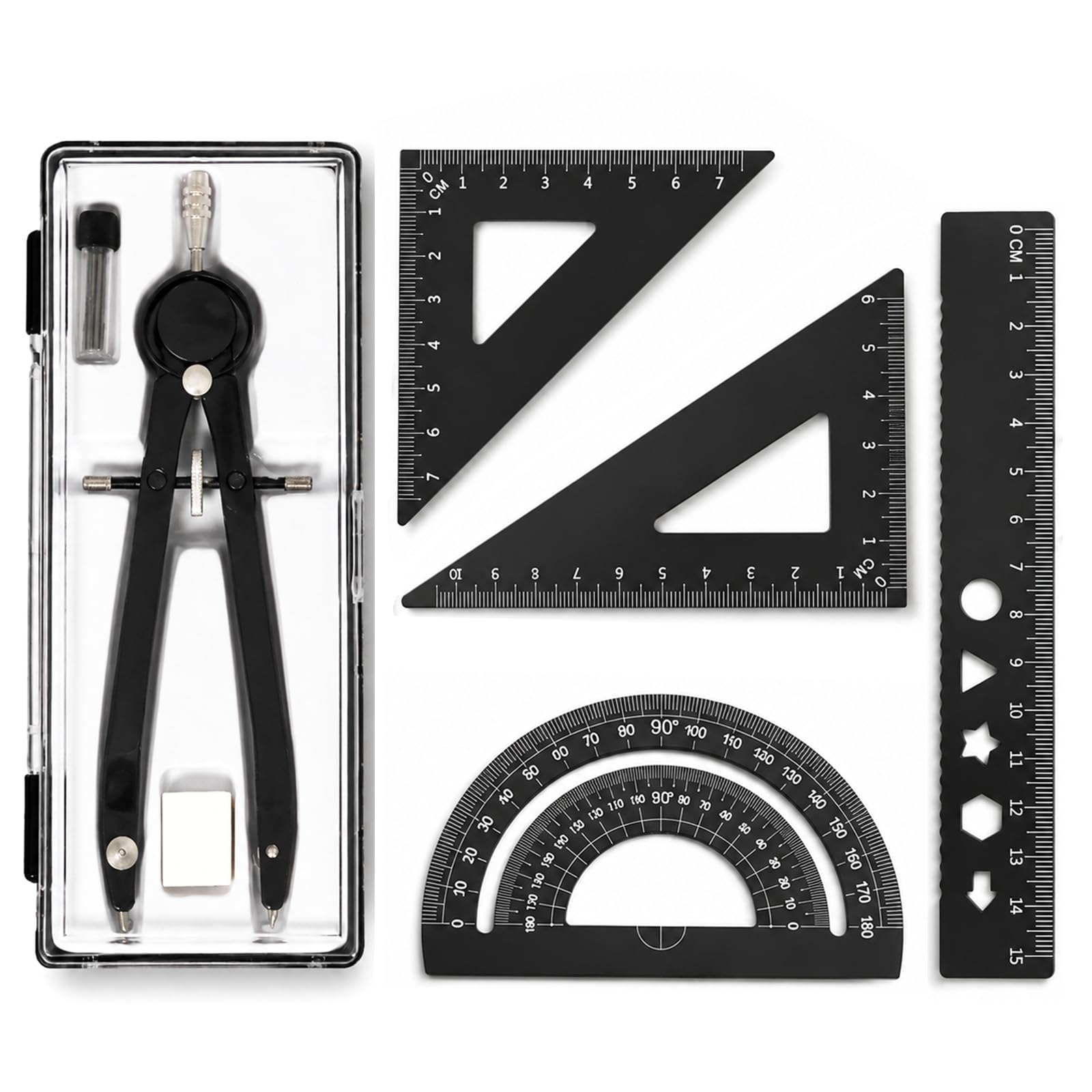 6 Pcs Geometry Set Maths Compass Sets Aluminum Alloy Maths Sets Including Protractor Compass Ruler and Eraser for Student Teacher Engineers
