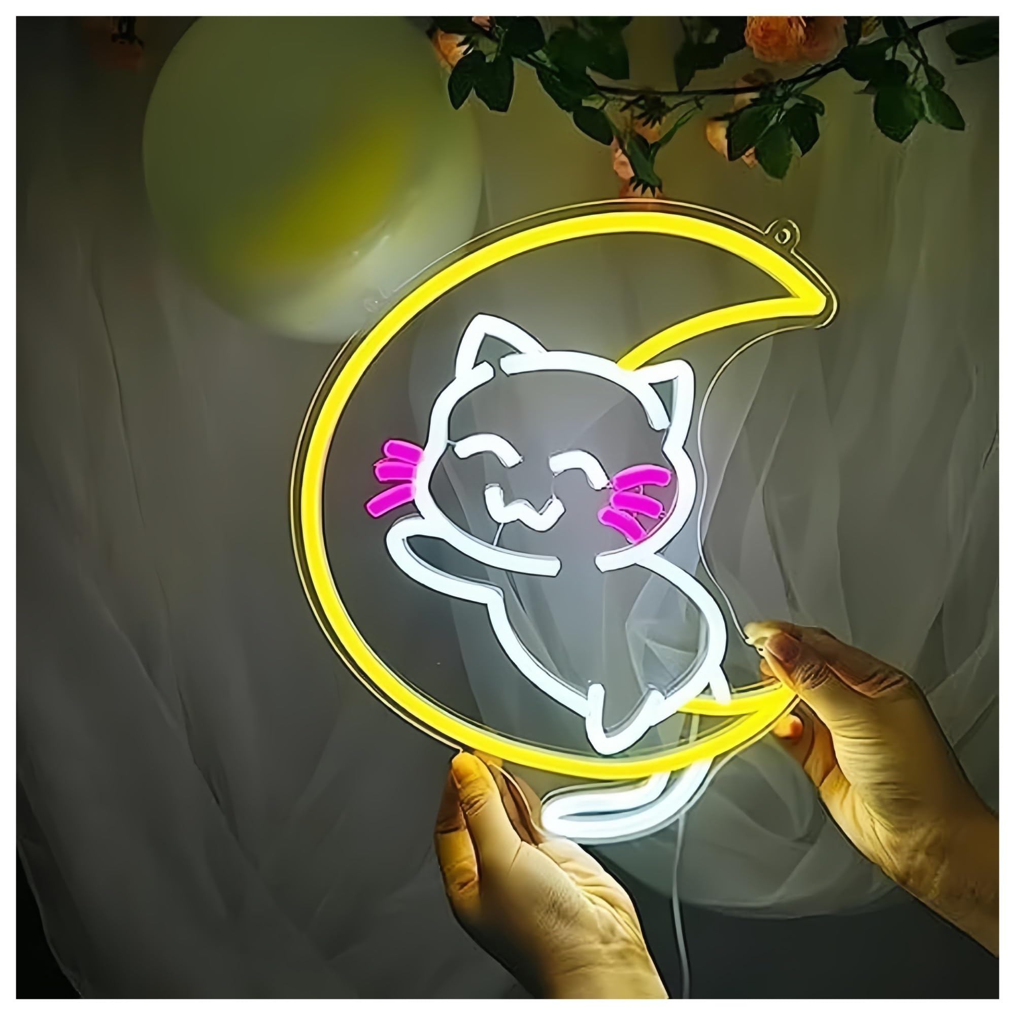 cartelli al neon personalizzati Simpatico Gatto Luna Insegna Al Neon Alimentata Tramite USB Per Bagno Camera Da Letto Famiglia Festa Bar Salone Arredamento Aziendale 28.4cm×33.5cm