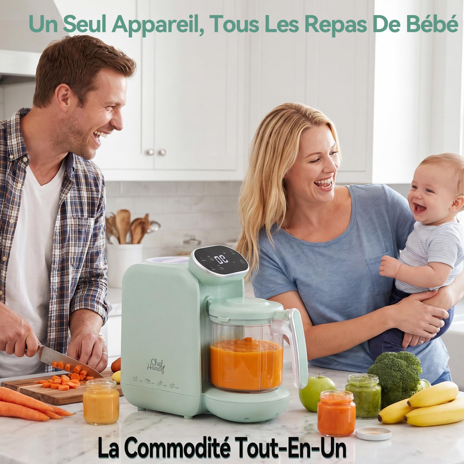 Robot Bébé Cuiseur Mixeur 5-en-1 Chefhandy avec Chauffe-biberon, Stérilisation, Mixage Automatique et Manuel (Vert)