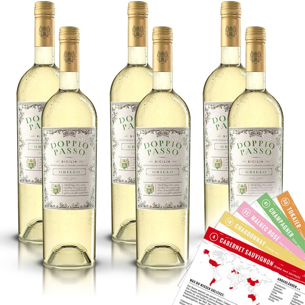 Doppio Passo Grillo Sicilia DOC, halbtrocken, sortenreines Weinpaket + VINOX Winecards (6x0,75l)