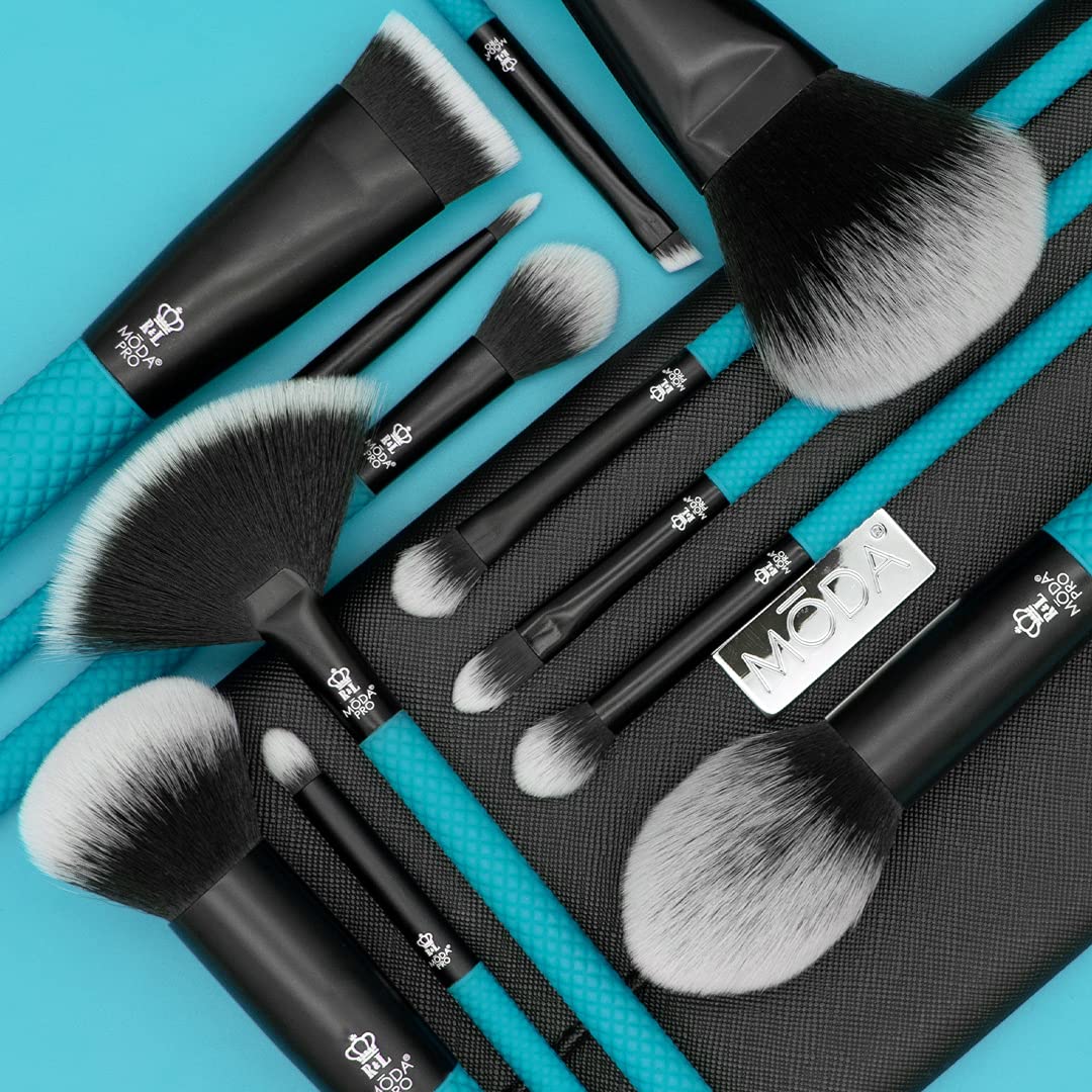 MODA Pro Full Face - Set di 13 pennelli da trucco con custodia da viaggio (verde acqua)