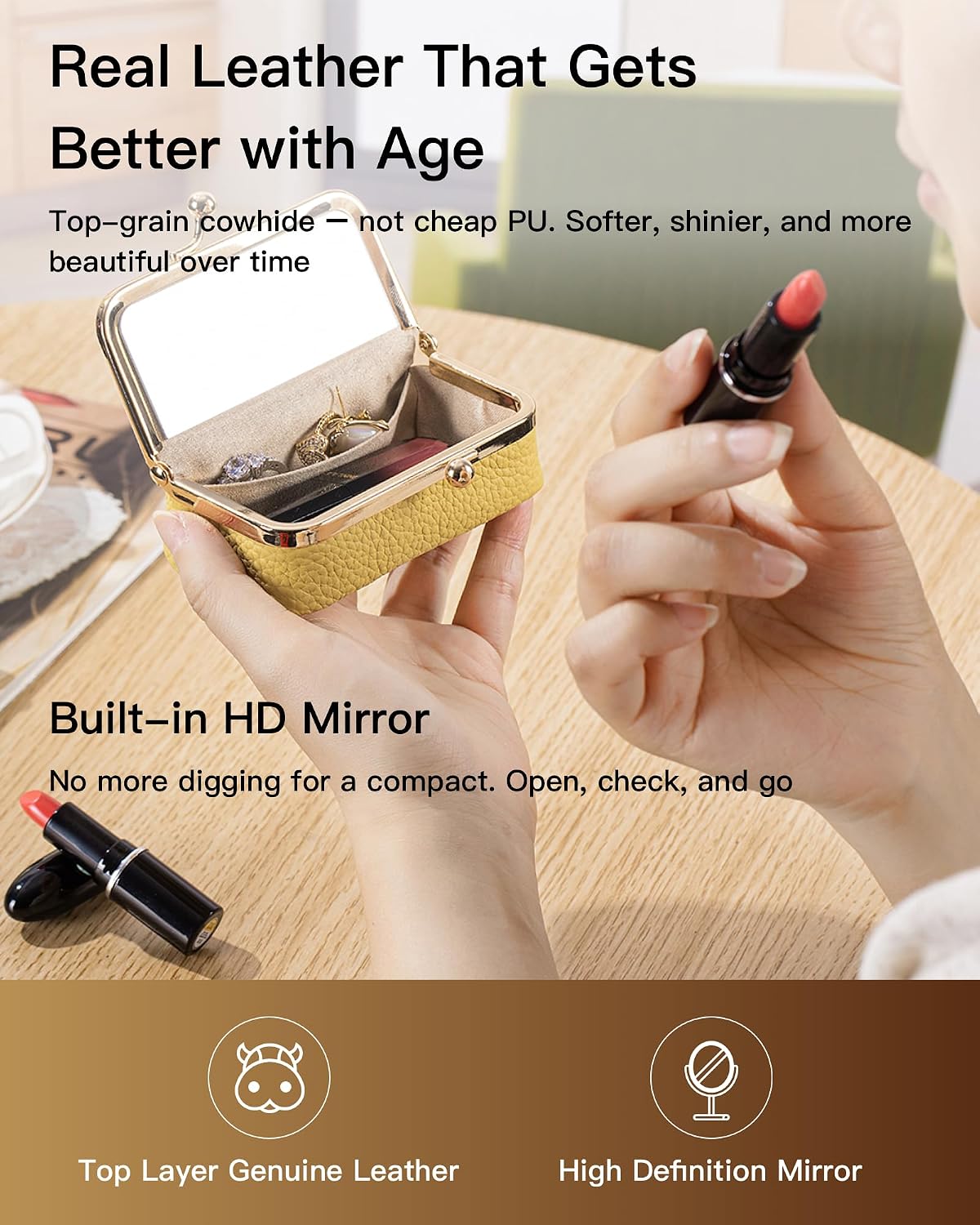 Genuine Leather Travel Jewelry Box, Mini Jewelry Organizer Case with Mirror for Women, Small Lipstick Bag for Purse, Cute Portable Gift for Her women giril (Black, Mirror)