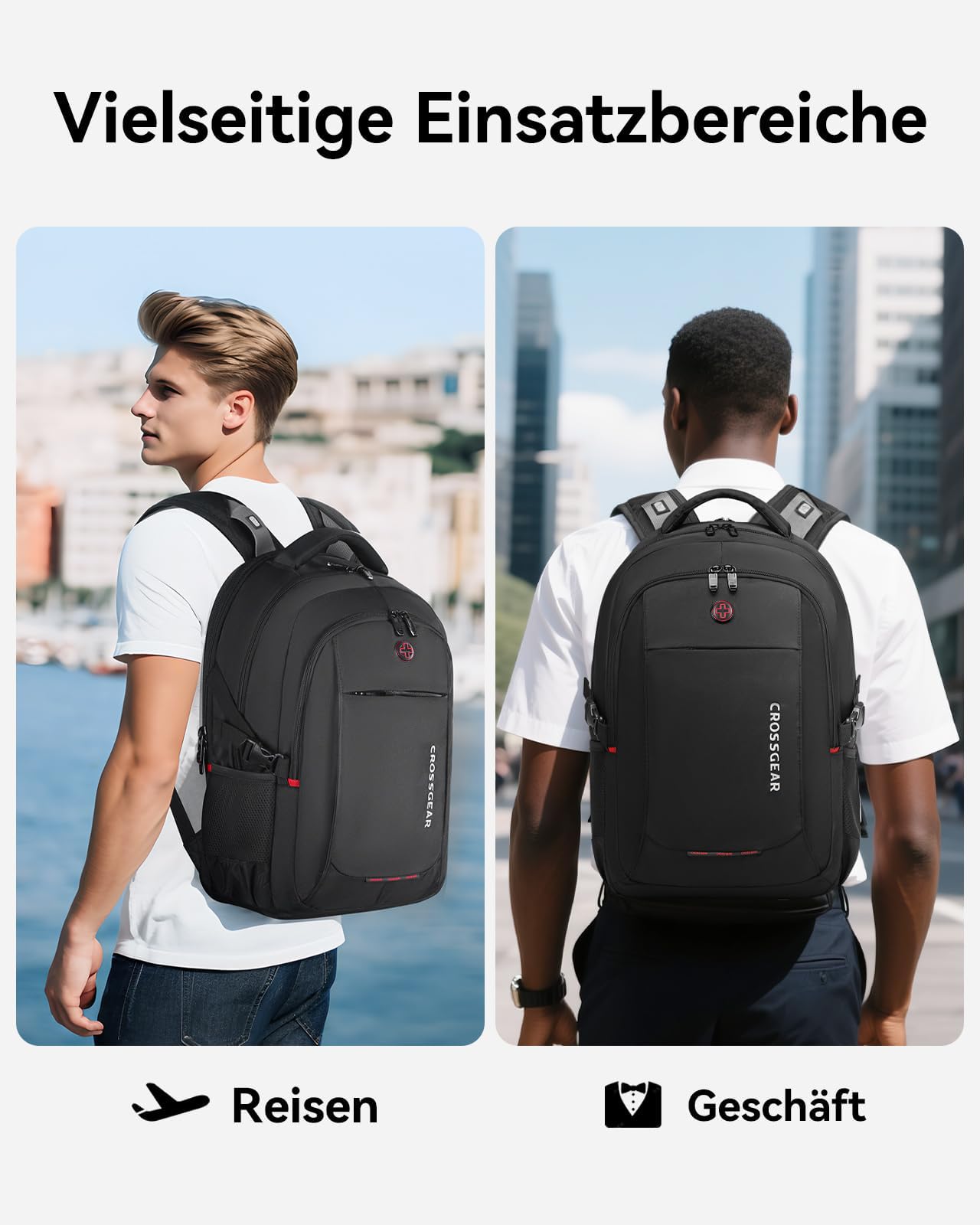 CROSSGEAR 17,3 Zoll Rucksack Herren mit Entlastenden Schultergurten, 30l Laptop Rucksack, Wasserdichter Laptoptasche mit YKK-Reißverschlüssen für Arbeit, Business, Reisen and Schule, Schwarz