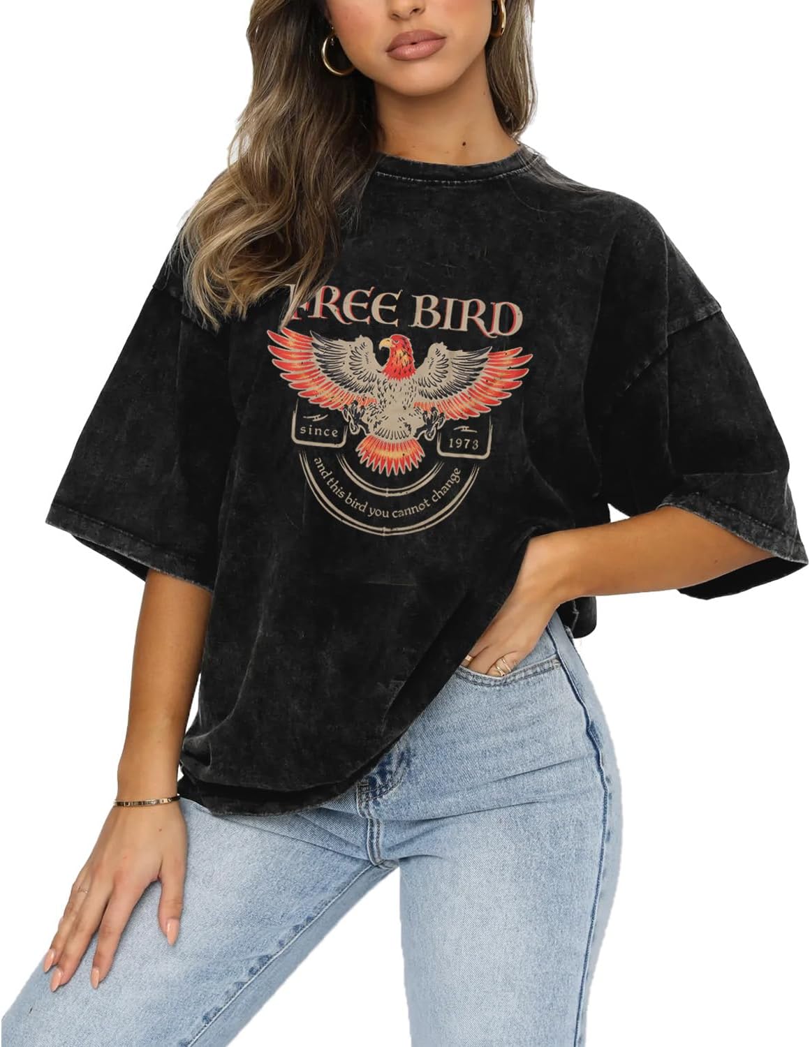 Vintage Rock Band Tshirts Women Retro Free Bird Western Graphic Tees Country Music Shirts Casual Short Sleeve Tops