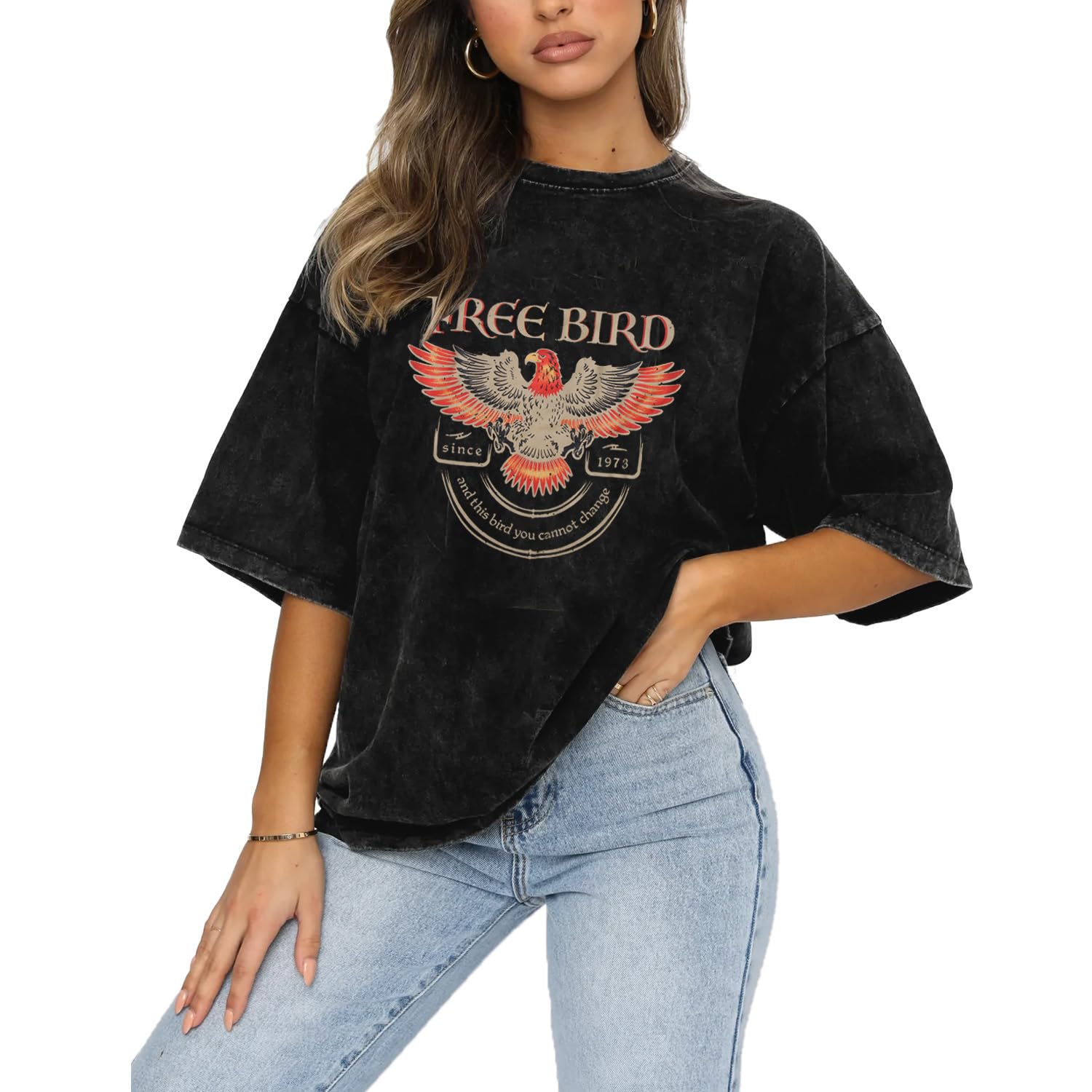 Vintage Rock Band Tshirts Women Retro Free Bird Western Graphic Tees Country Music Shirts Casual Short Sleeve Tops