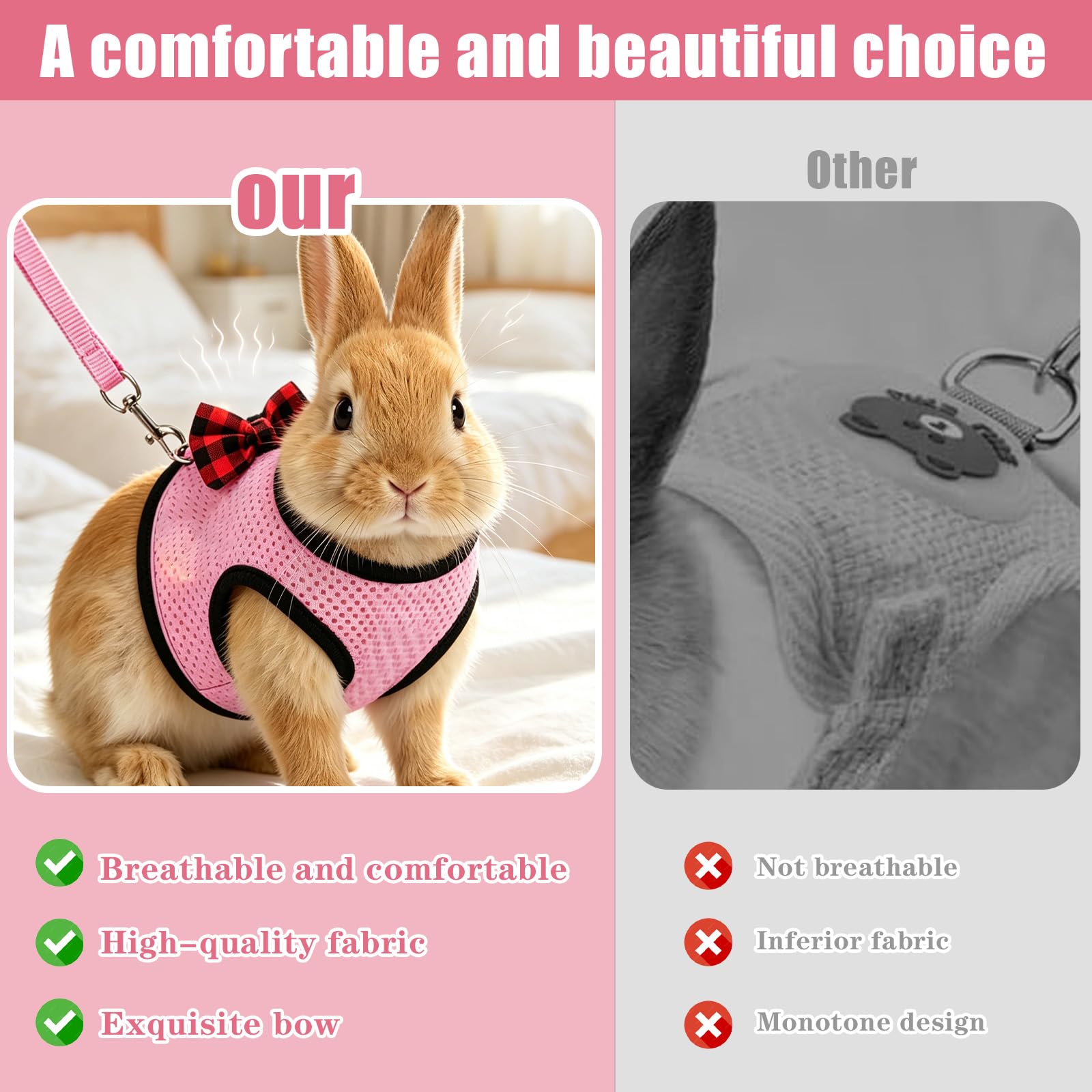 Harnais Pour Lapin Avec Nœud Rose Et Laisse, Harnais Lapin Doux Avec Laisse, Harnais Pour Lapin Avec Laisse Pour Petits Animaux, Accessoire
