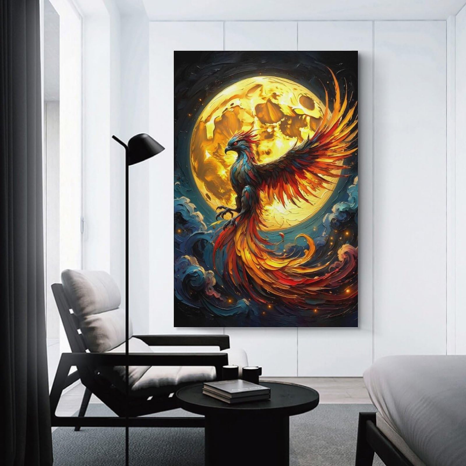 Junmoney Unframe-Style-13 Canvas Wall Art Phoenix Rising Before The Moon, 08X12inch(20X30cm), For Lounge, Study, Hallway Or Flat Walls, Canvas Wall Art That Fits Changing Layouts