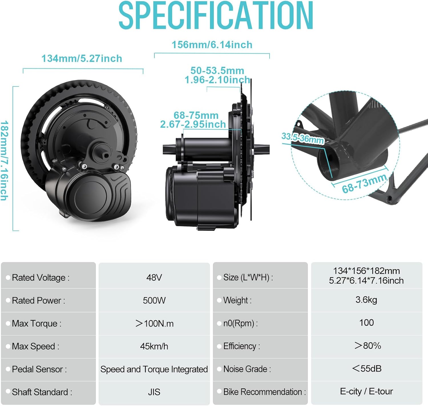 Detailed specification chart for the TSDZ2B motor and SWM58 display, including dimensions, voltage, power, torque, speed, and sensor type.