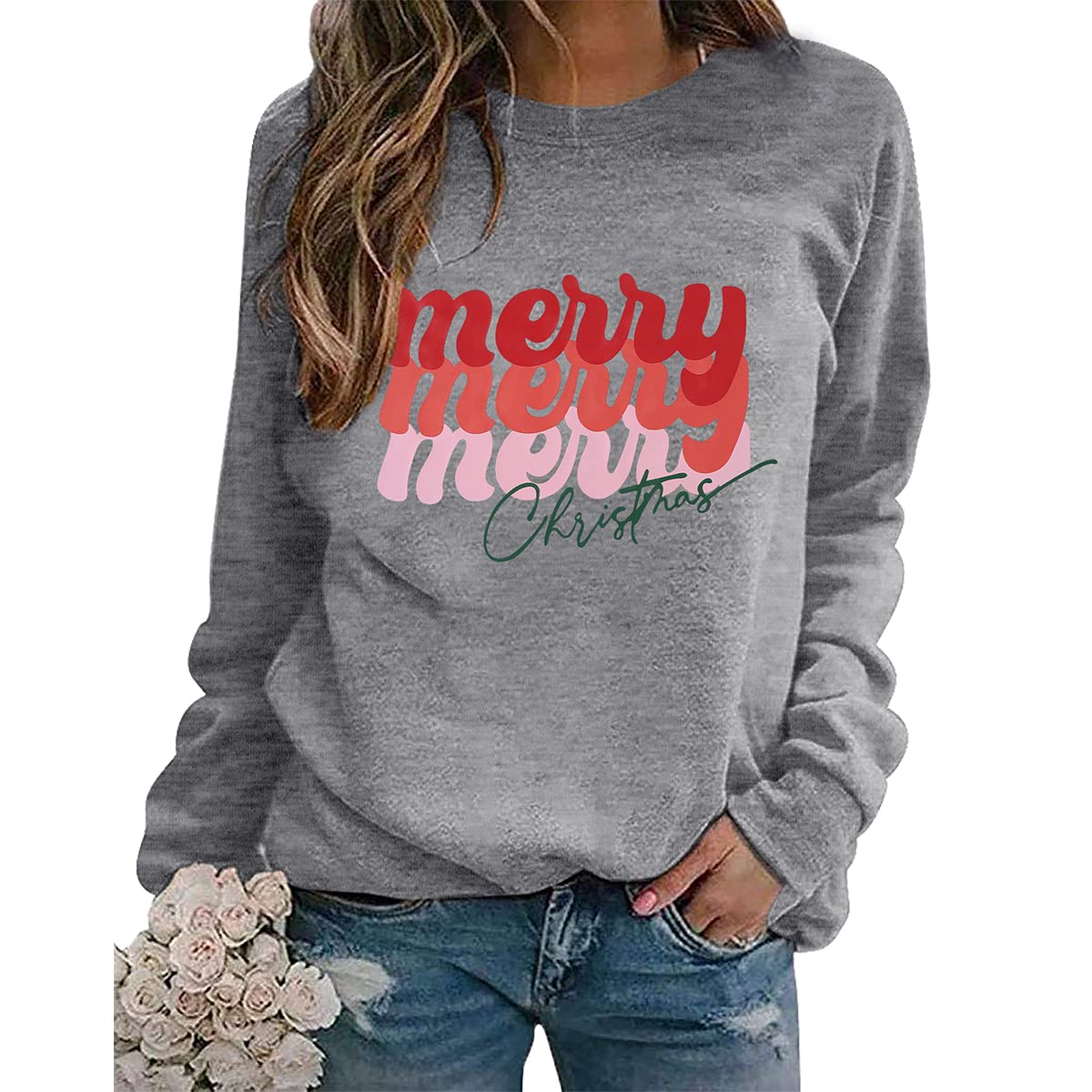EGELEXY Merry Christmas Sweatshirt for Women Merry Letter Print Long Sleeve Shirts Christmas Graphic Casual Pullover Tee