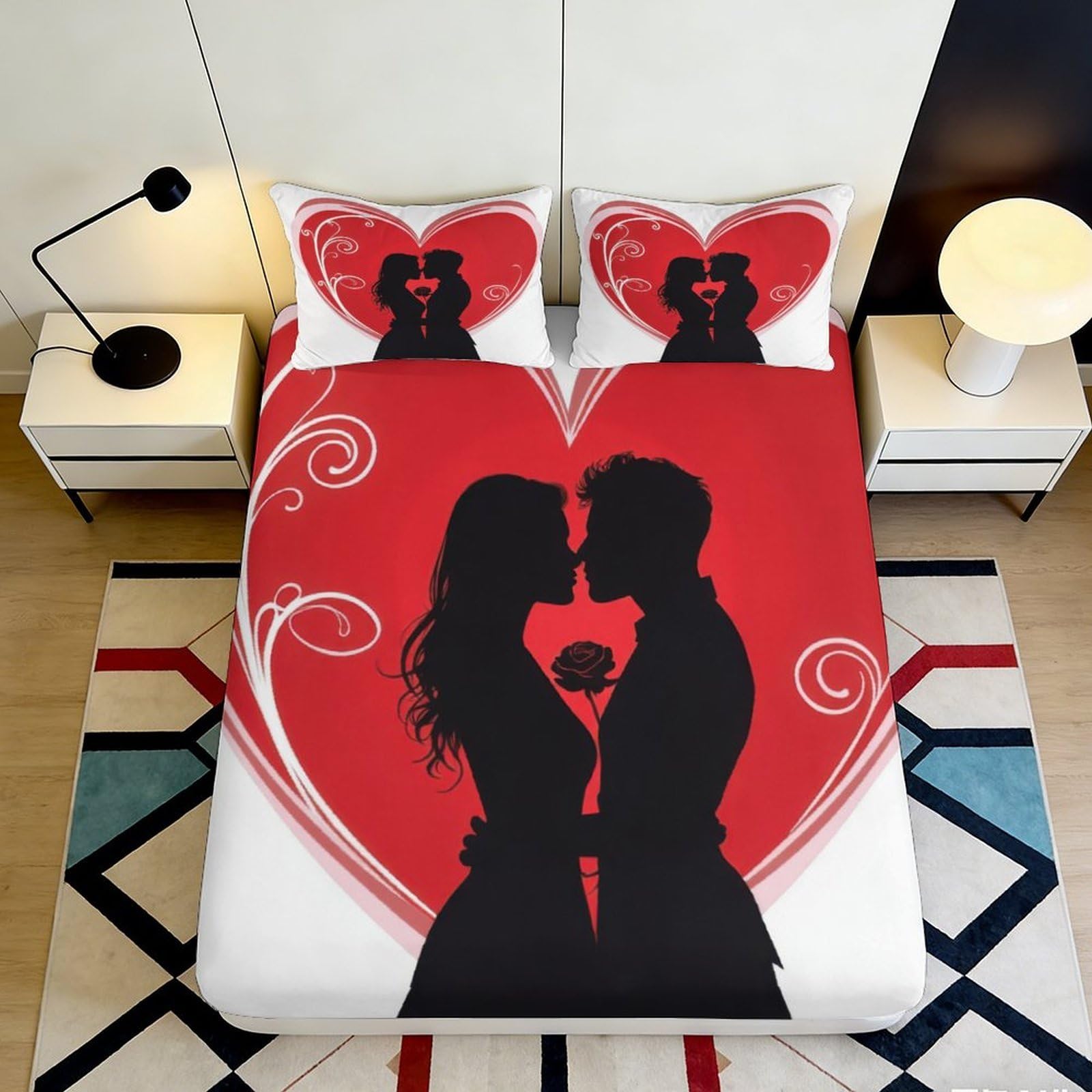 3D Printed Romantic Couple Heart Fitted Sheet Microfiber Soft Red Bedroom Bed Cover for Home Dorm Decor 90x200x25cm